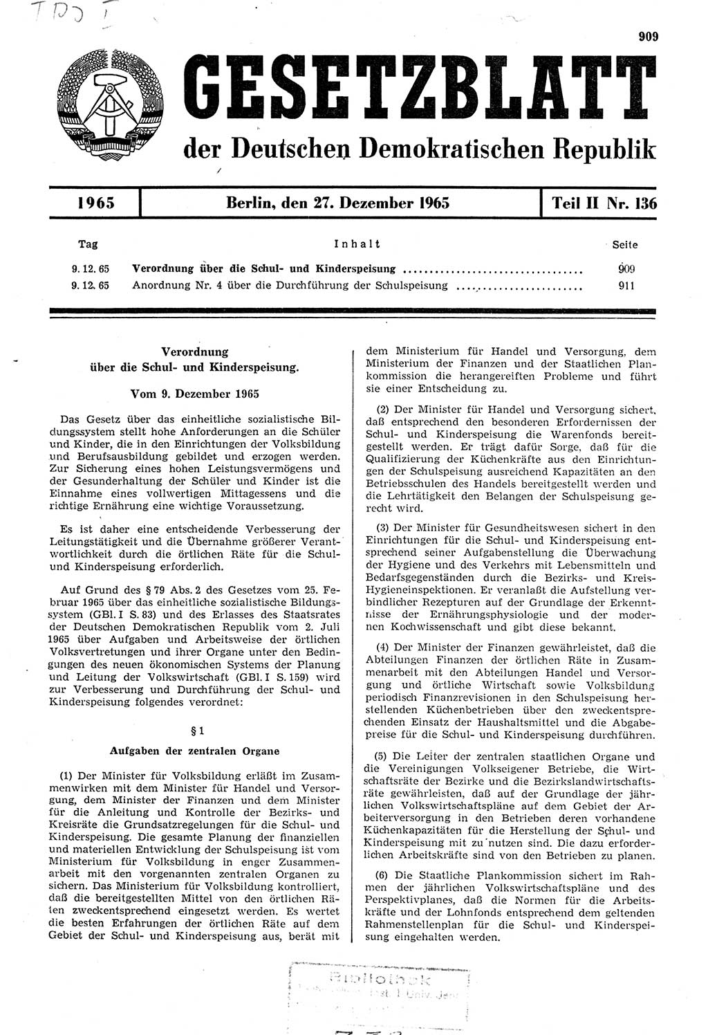 Gesetzblatt (GBl.) der Deutschen Demokratischen Republik (DDR) Teil ⅠⅠ 1965, Seite 909 (GBl. DDR ⅠⅠ 1965, S. 909)