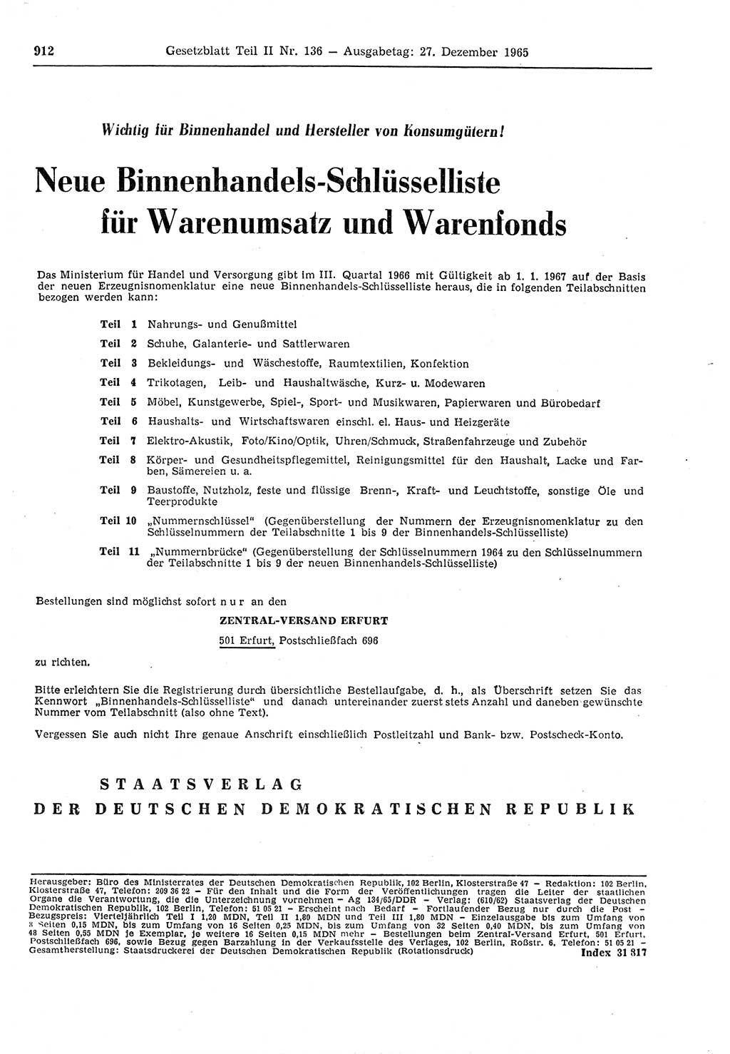 Gesetzblatt (GBl.) der Deutschen Demokratischen Republik (DDR) Teil ⅠⅠ 1965, Seite 912 (GBl. DDR ⅠⅠ 1965, S. 912)