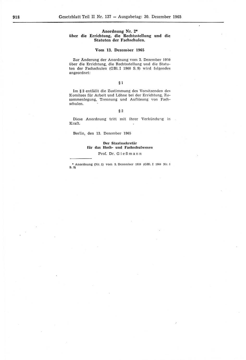 Gesetzblatt (GBl.) der Deutschen Demokratischen Republik (DDR) Teil ⅠⅠ 1965, Seite 918 (GBl. DDR ⅠⅠ 1965, S. 918)