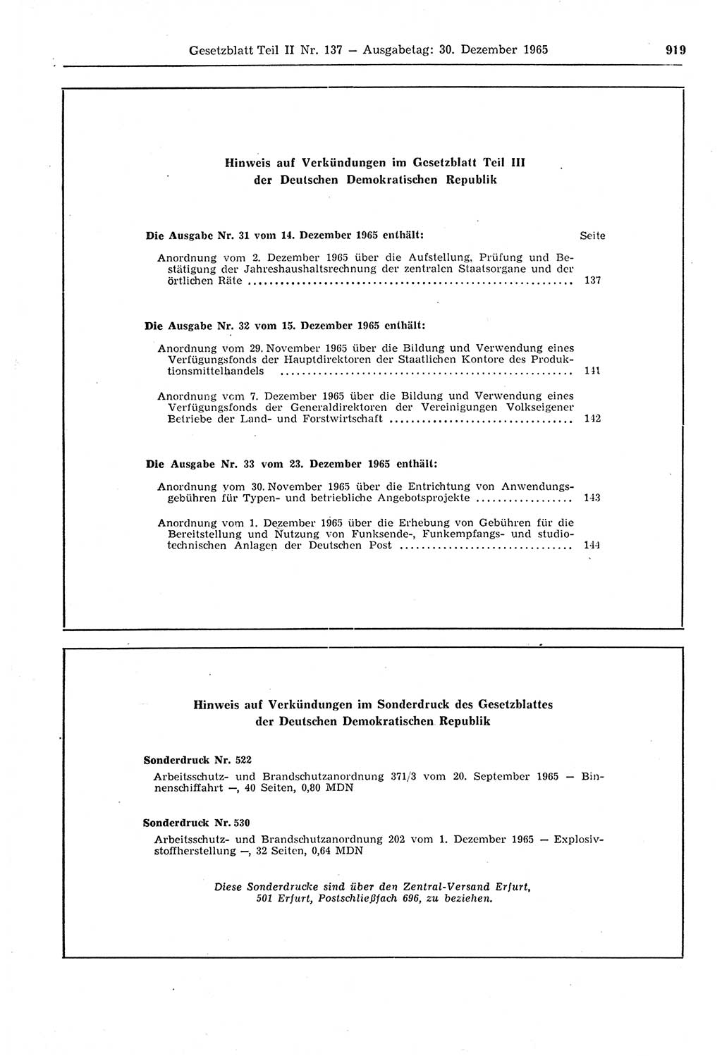 Gesetzblatt (GBl.) der Deutschen Demokratischen Republik (DDR) Teil ⅠⅠ 1965, Seite 919 (GBl. DDR ⅠⅠ 1965, S. 919)