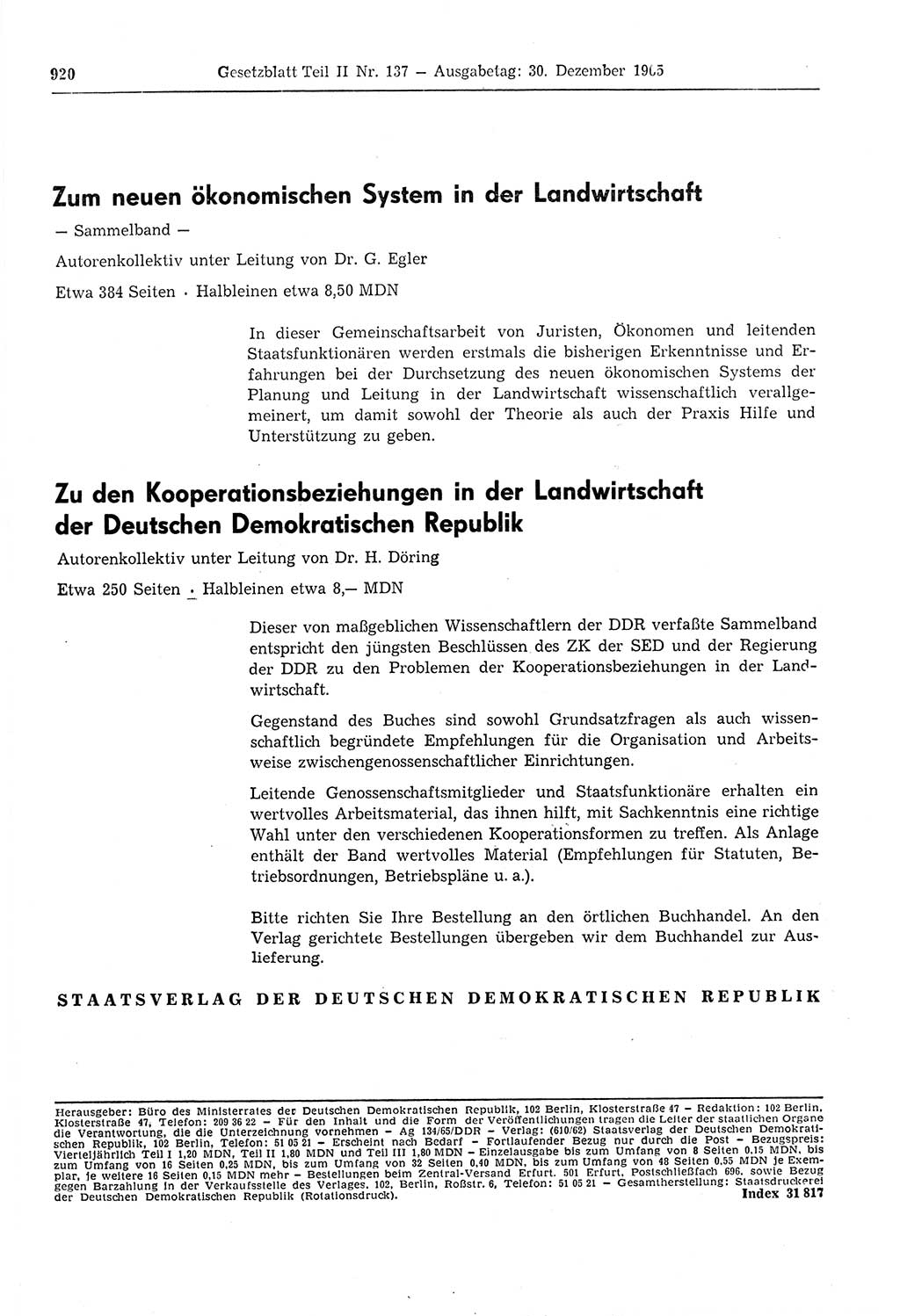 Gesetzblatt (GBl.) der Deutschen Demokratischen Republik (DDR) Teil ⅠⅠ 1965, Seite 920 (GBl. DDR ⅠⅠ 1965, S. 920)