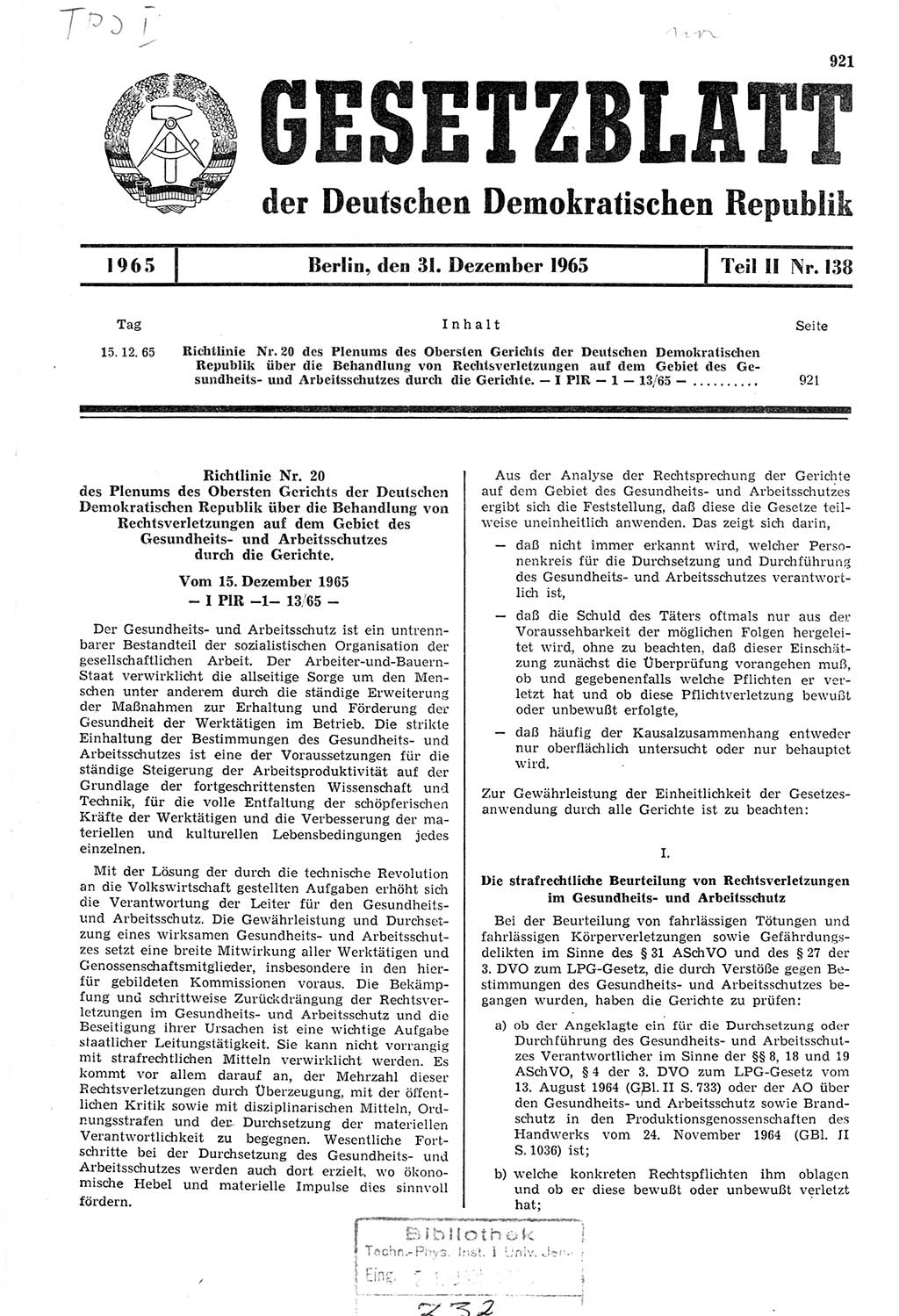 Gesetzblatt (GBl.) der Deutschen Demokratischen Republik (DDR) Teil ⅠⅠ 1965, Seite 921 (GBl. DDR ⅠⅠ 1965, S. 921)
