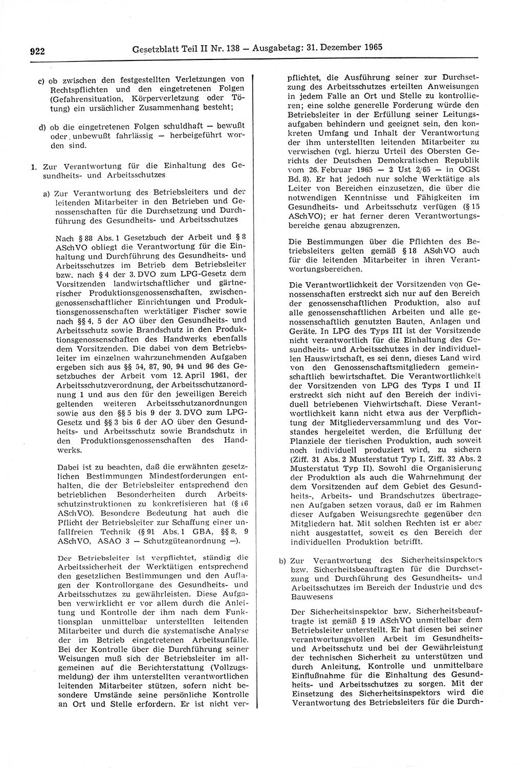 Gesetzblatt (GBl.) der Deutschen Demokratischen Republik (DDR) Teil ⅠⅠ 1965, Seite 922 (GBl. DDR ⅠⅠ 1965, S. 922)