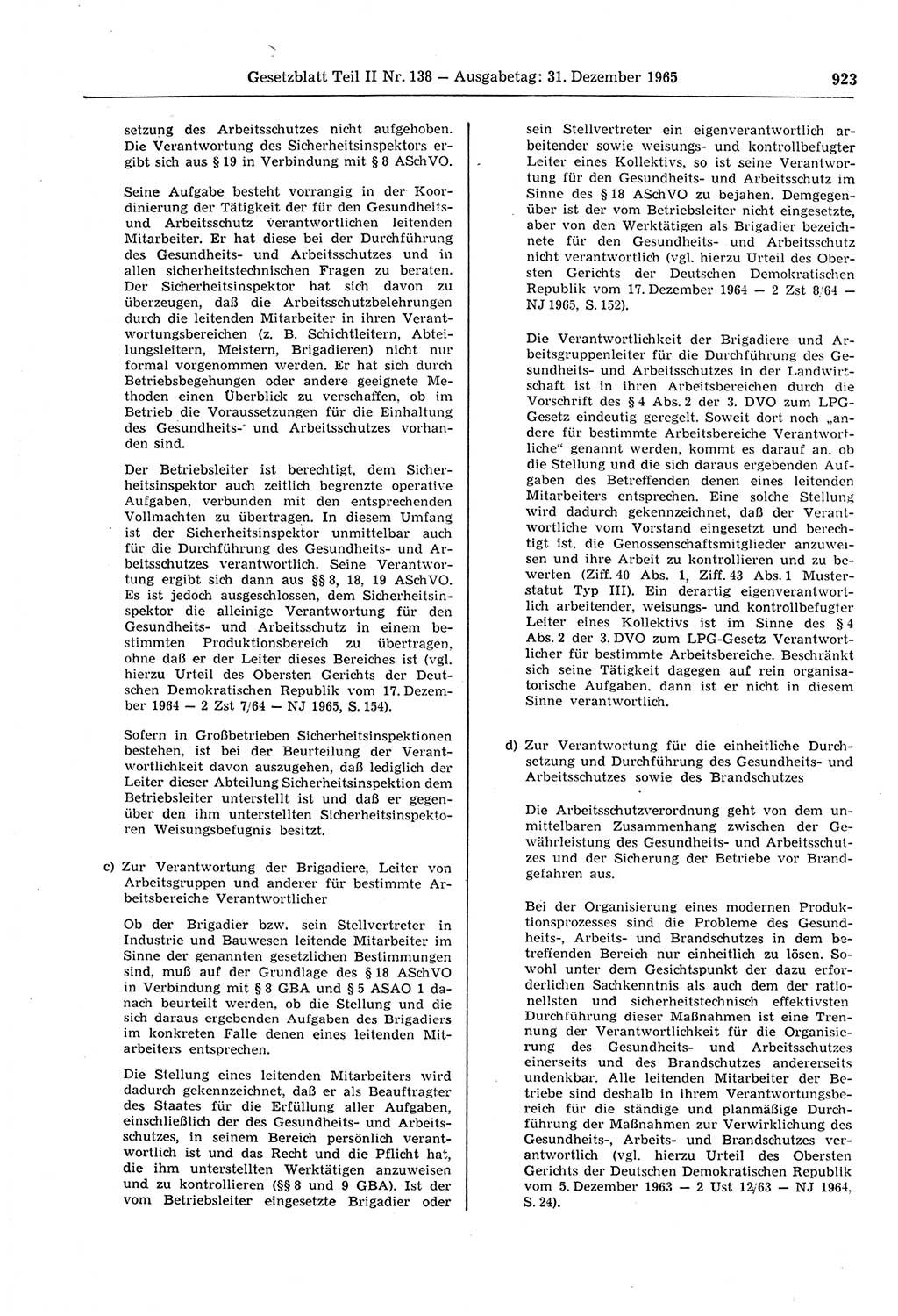 Gesetzblatt (GBl.) der Deutschen Demokratischen Republik (DDR) Teil ⅠⅠ 1965, Seite 923 (GBl. DDR ⅠⅠ 1965, S. 923)