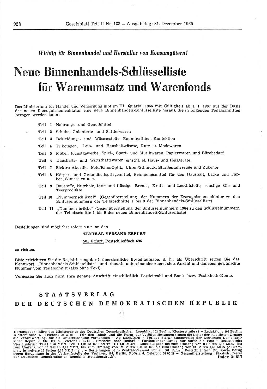 Gesetzblatt (GBl.) der Deutschen Demokratischen Republik (DDR) Teil ⅠⅠ 1965, Seite 928 (GBl. DDR ⅠⅠ 1965, S. 928)