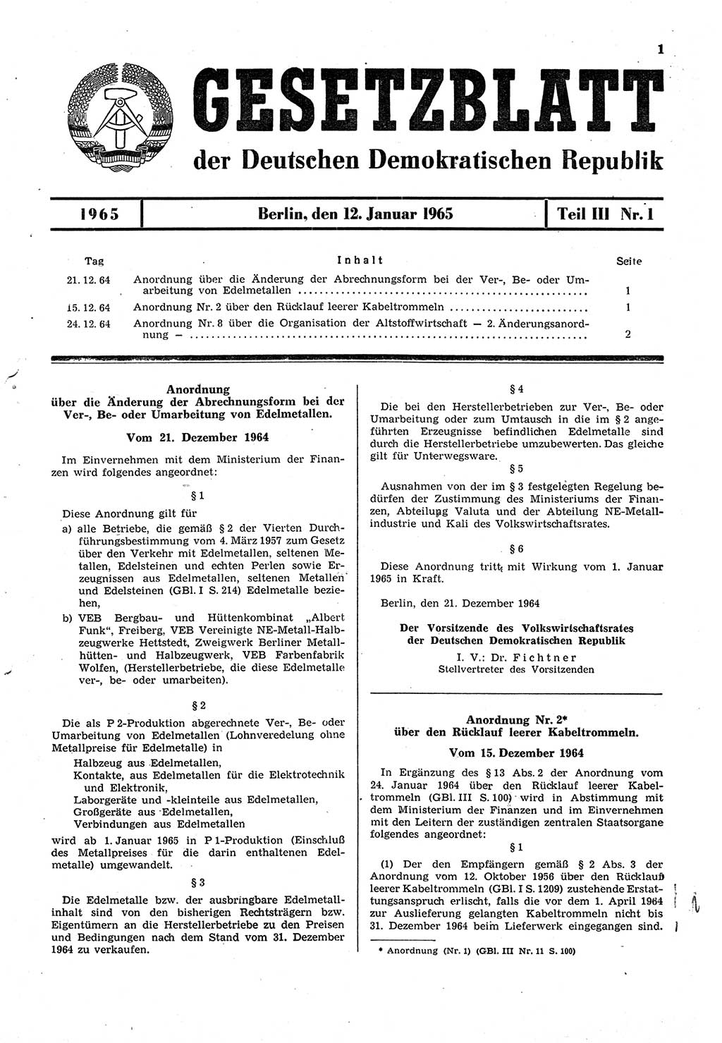 Gesetzblatt (GBl.) der Deutschen Demokratischen Republik (DDR) Teil ⅠⅠⅠ 1965, Seite 1 (GBl. DDR ⅠⅠⅠ 1965, S. 1)