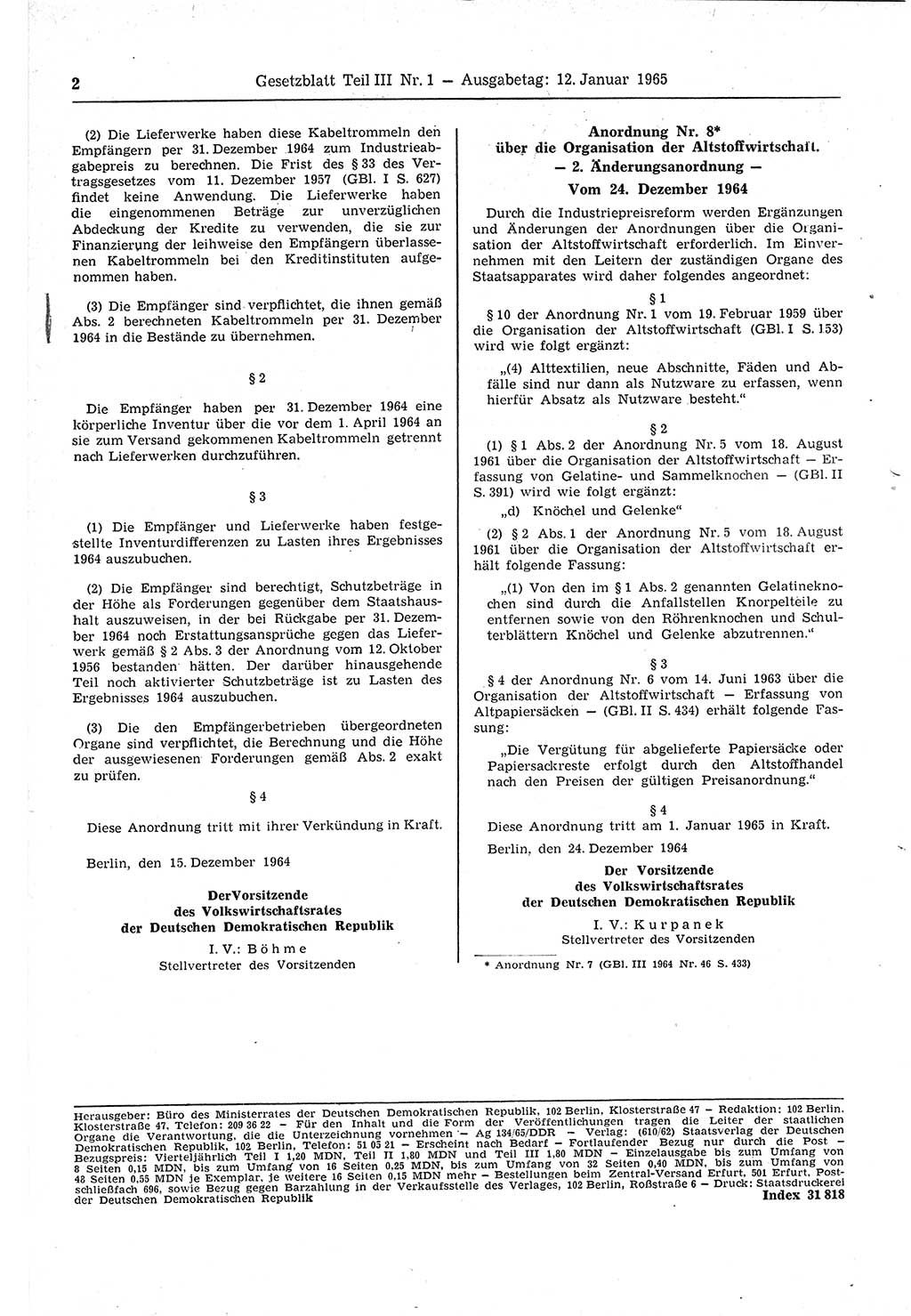 Gesetzblatt (GBl.) der Deutschen Demokratischen Republik (DDR) Teil ⅠⅠⅠ 1965, Seite 2 (GBl. DDR ⅠⅠⅠ 1965, S. 2)