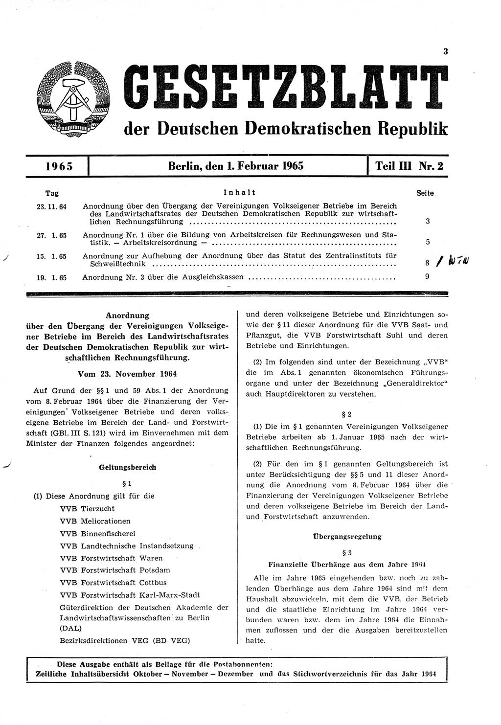 Gesetzblatt (GBl.) der Deutschen Demokratischen Republik (DDR) Teil ⅠⅠⅠ 1965, Seite 3 (GBl. DDR ⅠⅠⅠ 1965, S. 3)
