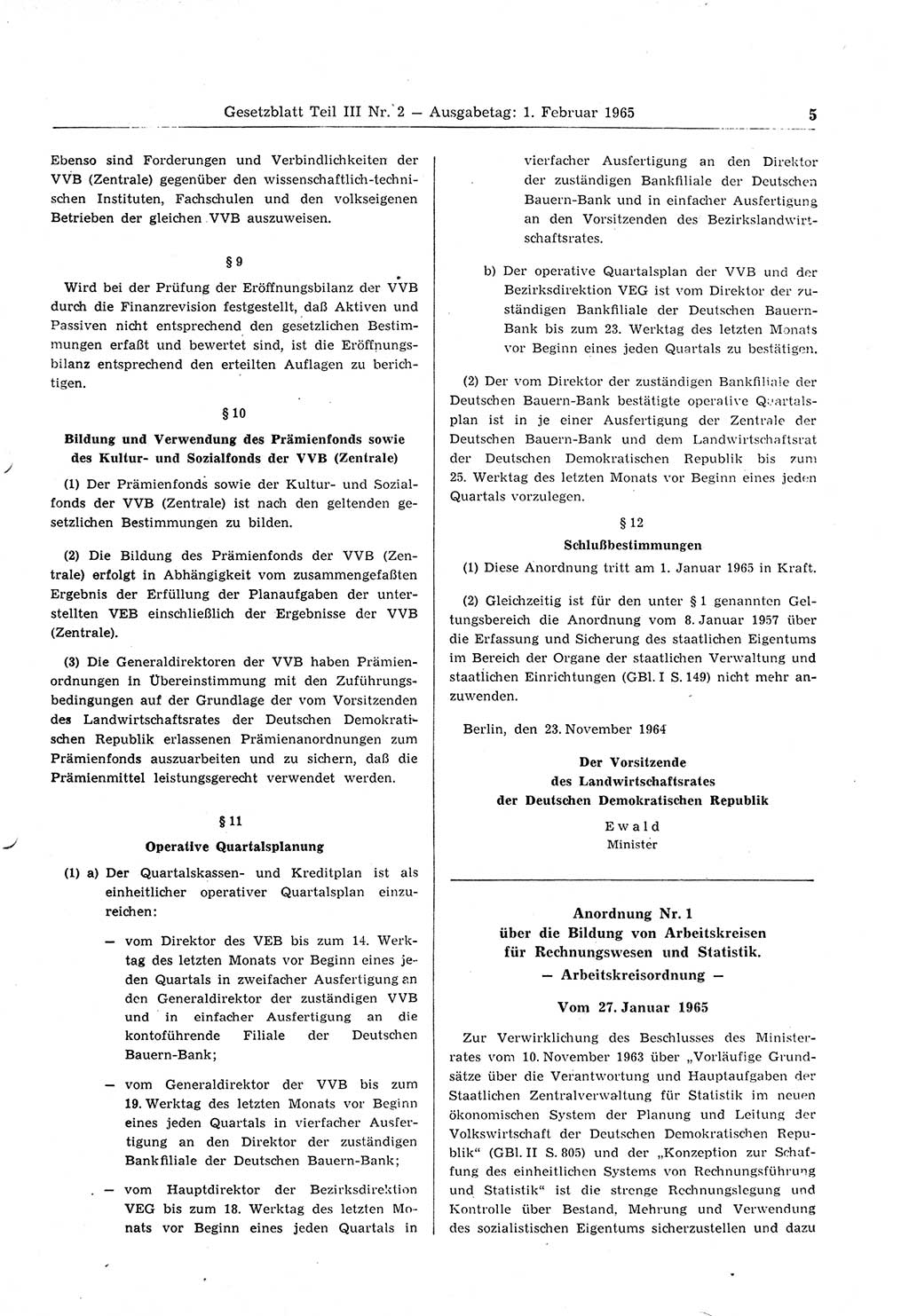 Gesetzblatt (GBl.) der Deutschen Demokratischen Republik (DDR) Teil ⅠⅠⅠ 1965, Seite 5 (GBl. DDR ⅠⅠⅠ 1965, S. 5)