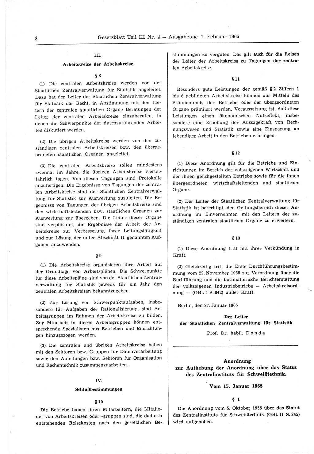Gesetzblatt (GBl.) der Deutschen Demokratischen Republik (DDR) Teil ⅠⅠⅠ 1965, Seite 8 (GBl. DDR ⅠⅠⅠ 1965, S. 8)