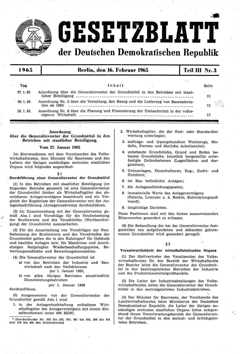 Gesetzblatt (GBl.) der Deutschen Demokratischen Republik (DDR) Teil ⅠⅠⅠ 1965, Seite 11 (GBl. DDR ⅠⅠⅠ 1965, S. 11)