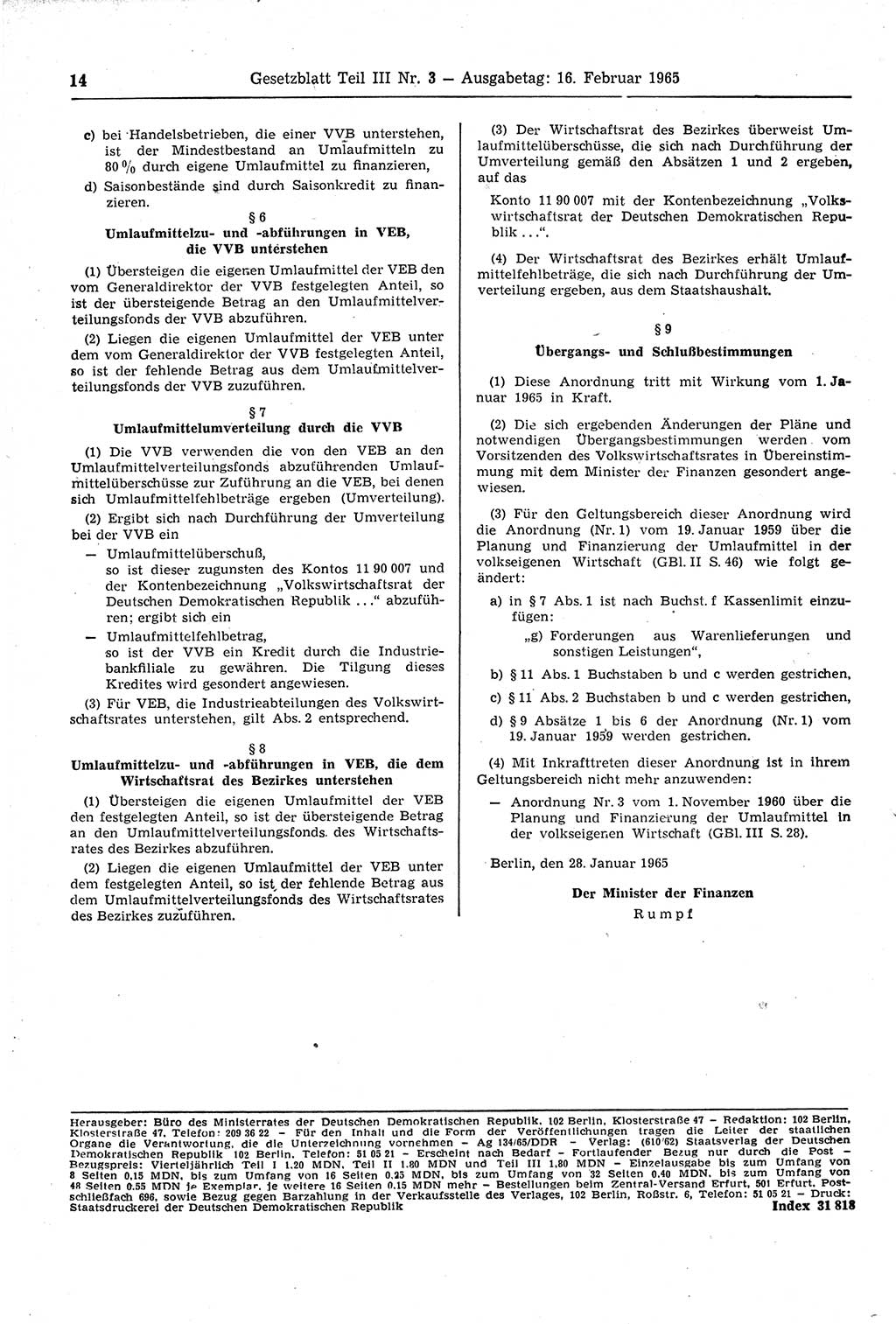 Gesetzblatt (GBl.) der Deutschen Demokratischen Republik (DDR) Teil ⅠⅠⅠ 1965, Seite 14 (GBl. DDR ⅠⅠⅠ 1965, S. 14)