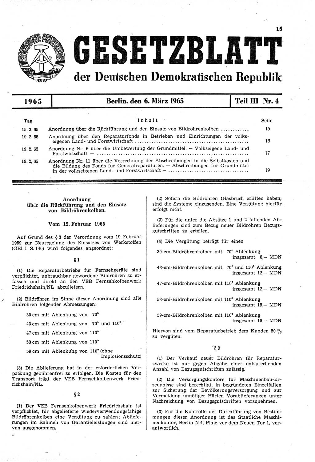 Gesetzblatt (GBl.) der Deutschen Demokratischen Republik (DDR) Teil ⅠⅠⅠ 1965, Seite 15 (GBl. DDR ⅠⅠⅠ 1965, S. 15)