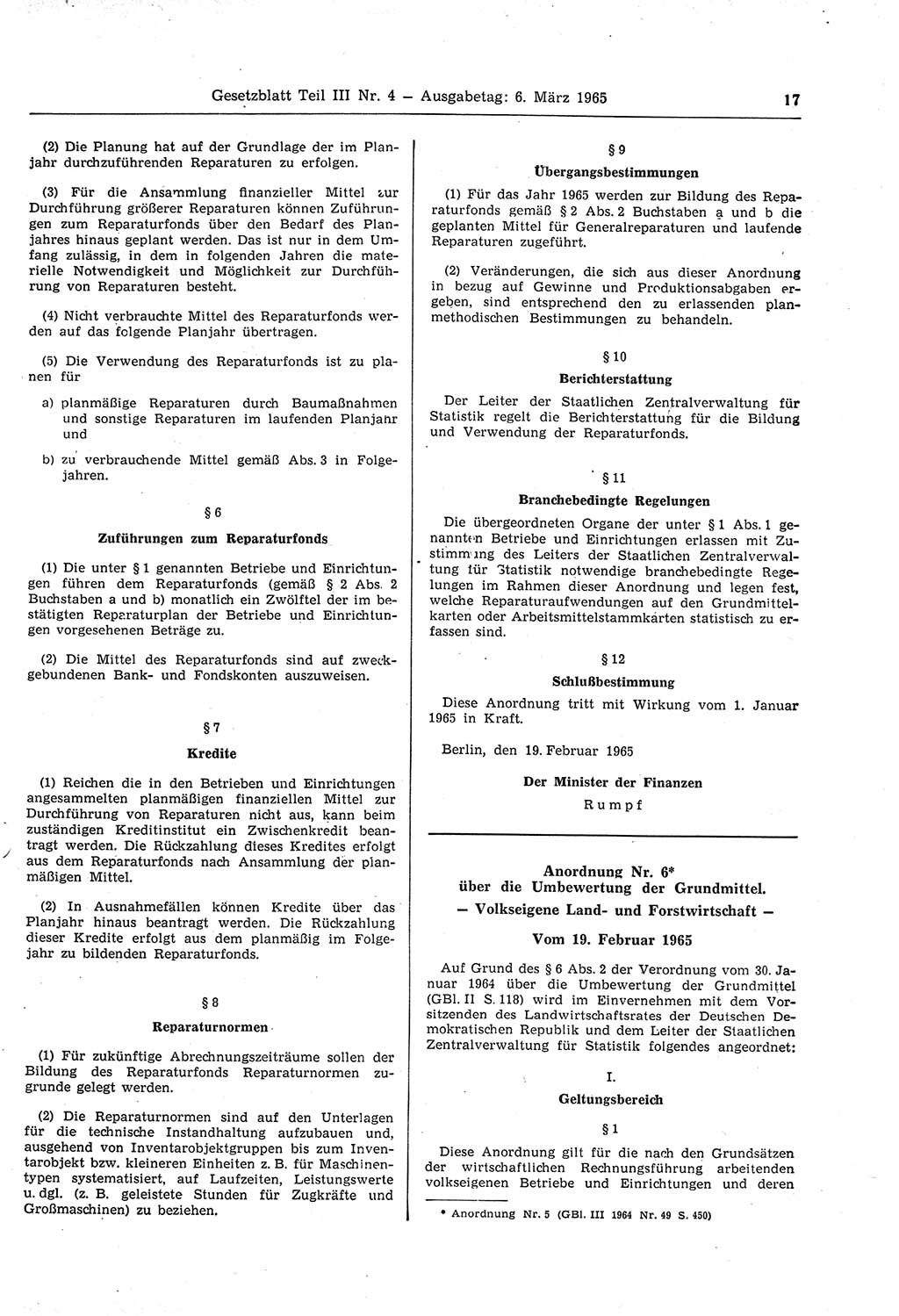 Gesetzblatt (GBl.) der Deutschen Demokratischen Republik (DDR) Teil ⅠⅠⅠ 1965, Seite 17 (GBl. DDR ⅠⅠⅠ 1965, S. 17)