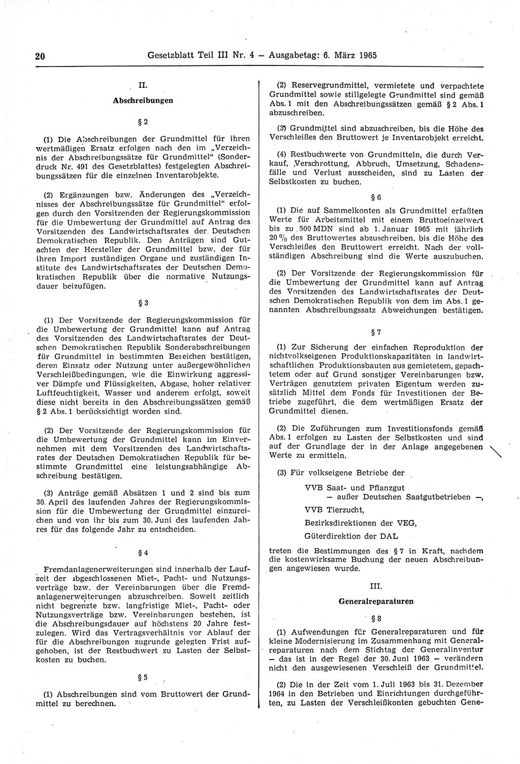 Gesetzblatt (GBl.) der Deutschen Demokratischen Republik (DDR) Teil ⅠⅠⅠ 1965, Seite 20 (GBl. DDR ⅠⅠⅠ 1965, S. 20)