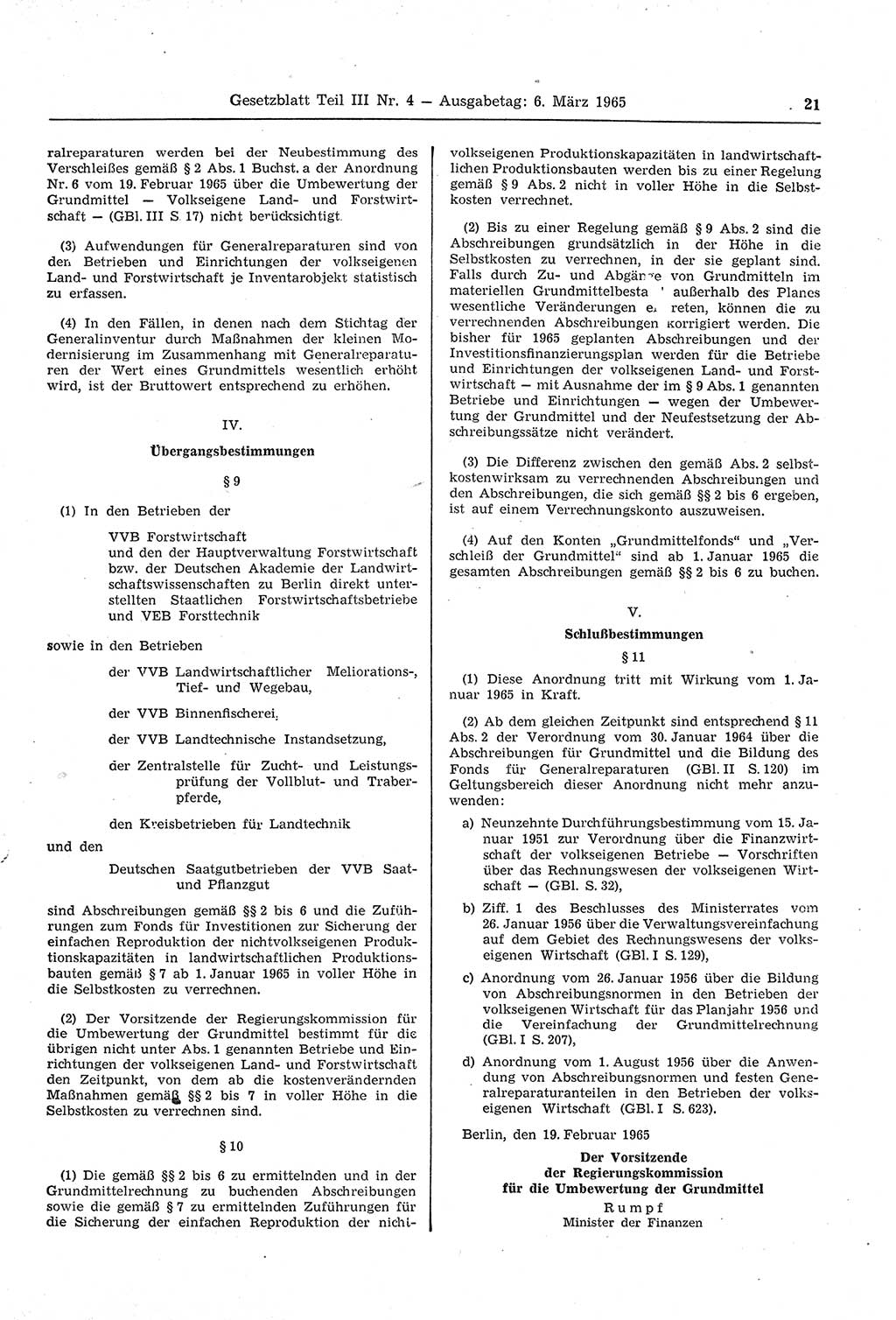 Gesetzblatt (GBl.) der Deutschen Demokratischen Republik (DDR) Teil ⅠⅠⅠ 1965, Seite 21 (GBl. DDR ⅠⅠⅠ 1965, S. 21)