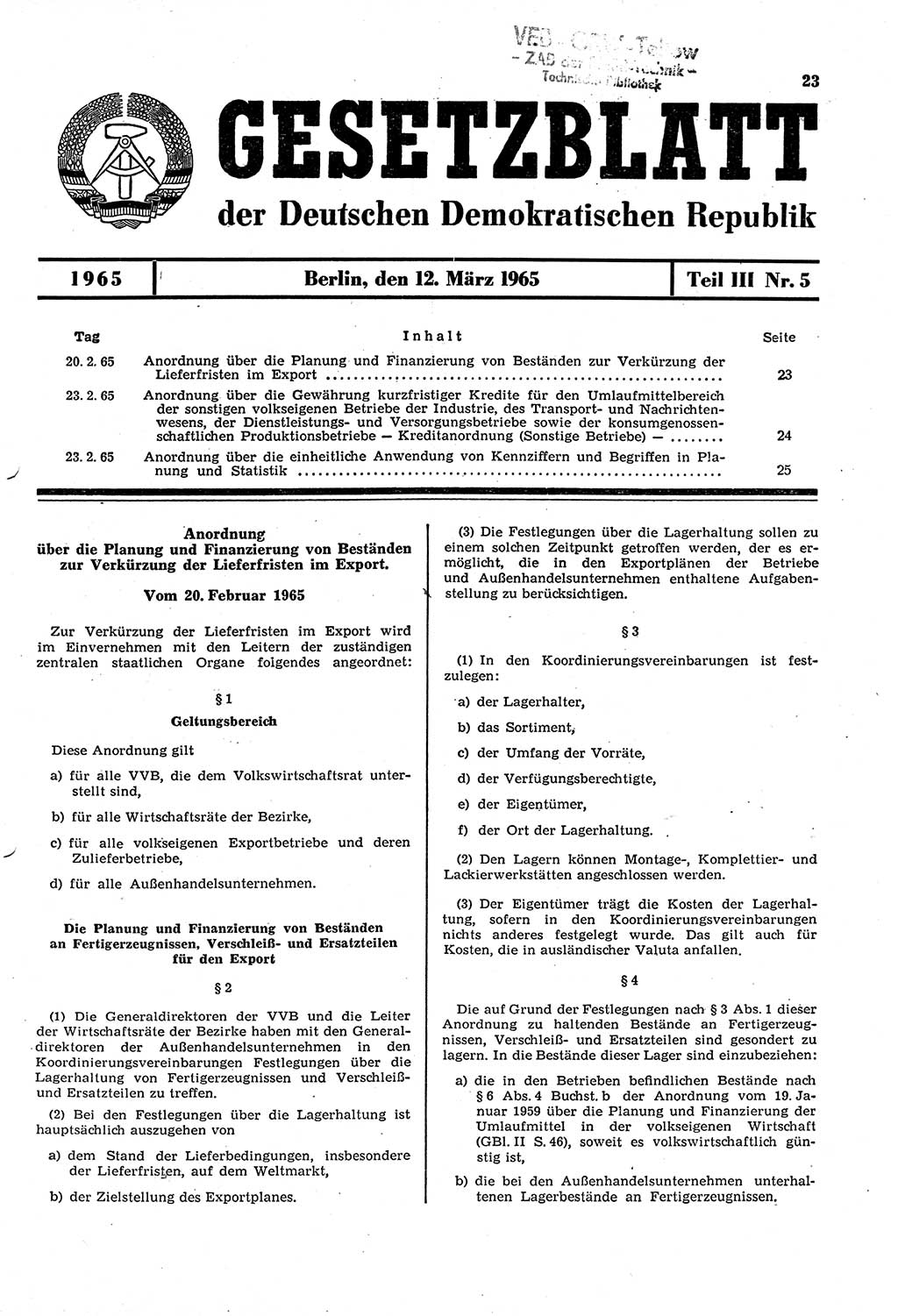 Gesetzblatt (GBl.) der Deutschen Demokratischen Republik (DDR) Teil ⅠⅠⅠ 1965, Seite 23 (GBl. DDR ⅠⅠⅠ 1965, S. 23)