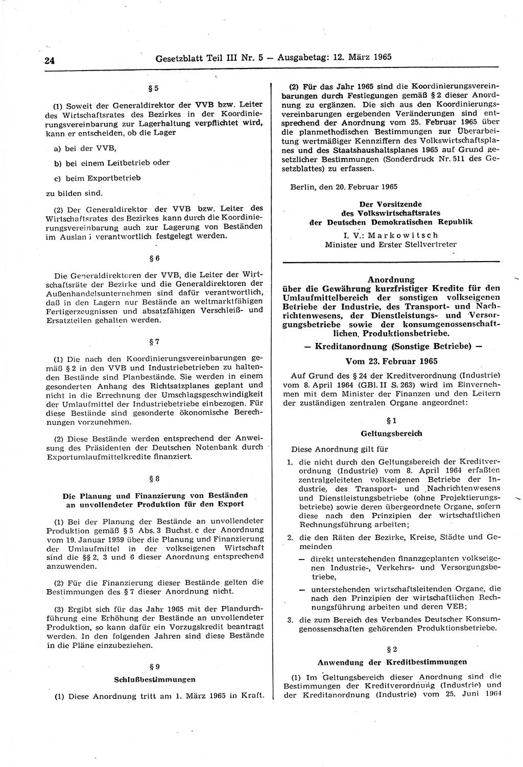 Gesetzblatt (GBl.) der Deutschen Demokratischen Republik (DDR) Teil ⅠⅠⅠ 1965, Seite 24 (GBl. DDR ⅠⅠⅠ 1965, S. 24)