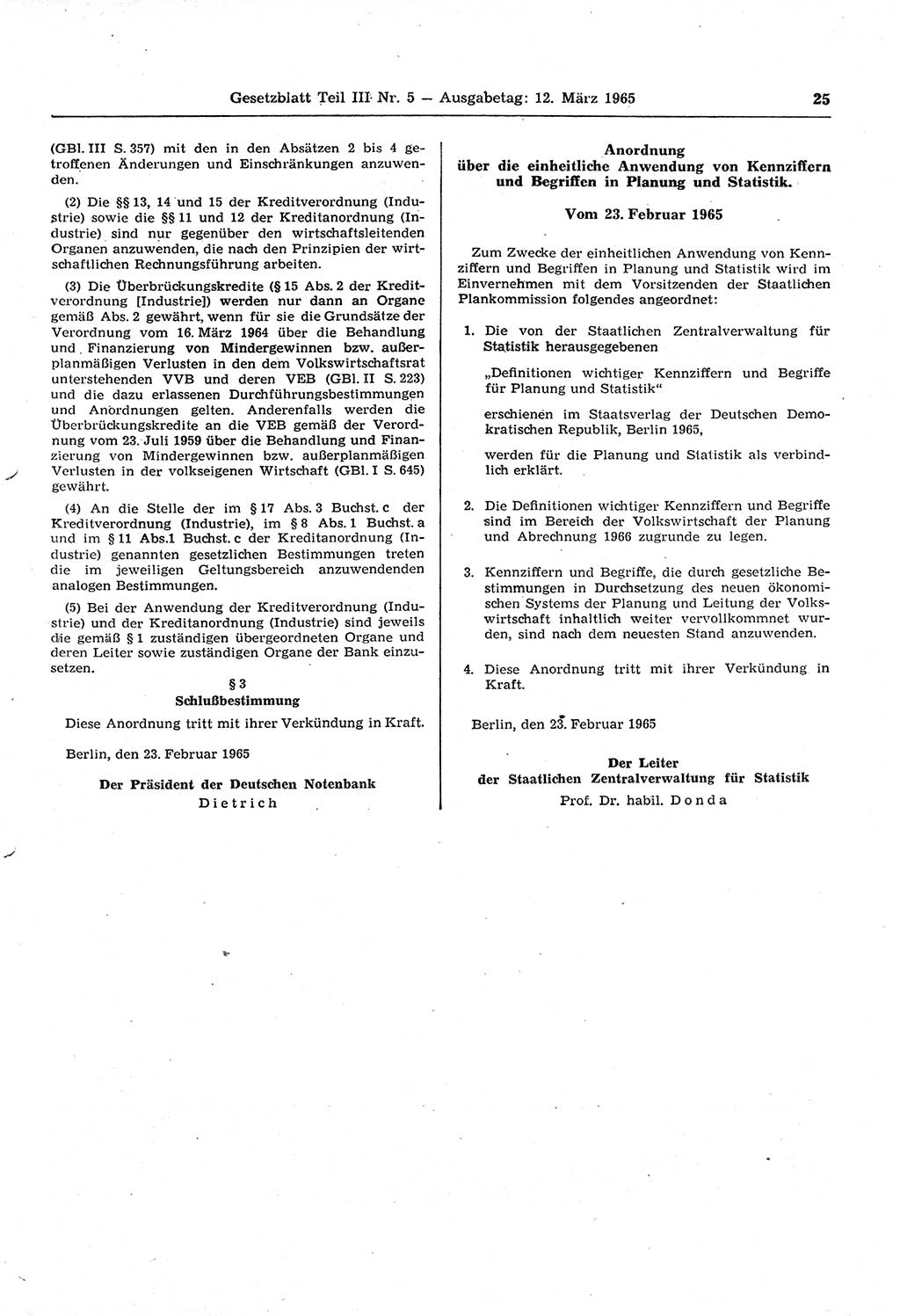 Gesetzblatt (GBl.) der Deutschen Demokratischen Republik (DDR) Teil ⅠⅠⅠ 1965, Seite 25 (GBl. DDR ⅠⅠⅠ 1965, S. 25)