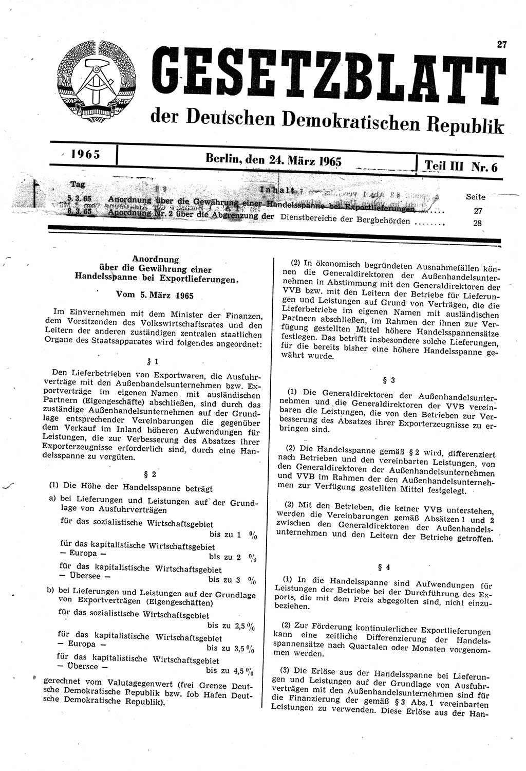 Gesetzblatt (GBl.) der Deutschen Demokratischen Republik (DDR) Teil ⅠⅠⅠ 1965, Seite 27 (GBl. DDR ⅠⅠⅠ 1965, S. 27)