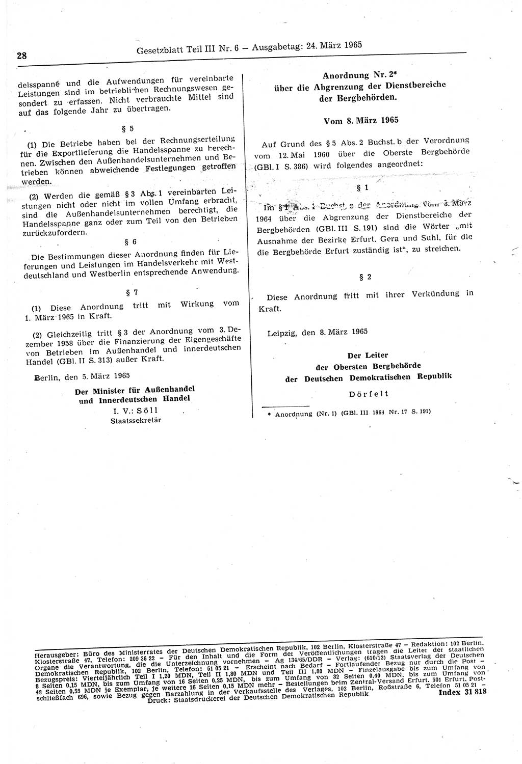Gesetzblatt (GBl.) der Deutschen Demokratischen Republik (DDR) Teil ⅠⅠⅠ 1965, Seite 28 (GBl. DDR ⅠⅠⅠ 1965, S. 28)