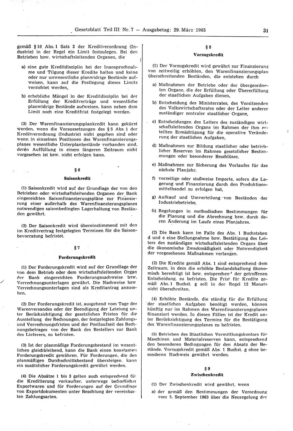Gesetzblatt (GBl.) der Deutschen Demokratischen Republik (DDR) Teil ⅠⅠⅠ 1965, Seite 31 (GBl. DDR ⅠⅠⅠ 1965, S. 31)