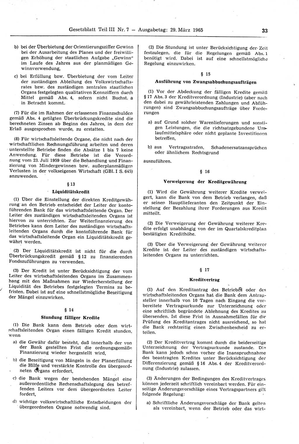 Gesetzblatt (GBl.) der Deutschen Demokratischen Republik (DDR) Teil ⅠⅠⅠ 1965, Seite 33 (GBl. DDR ⅠⅠⅠ 1965, S. 33)