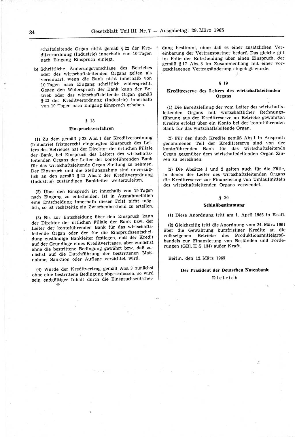 Gesetzblatt (GBl.) der Deutschen Demokratischen Republik (DDR) Teil ⅠⅠⅠ 1965, Seite 34 (GBl. DDR ⅠⅠⅠ 1965, S. 34)
