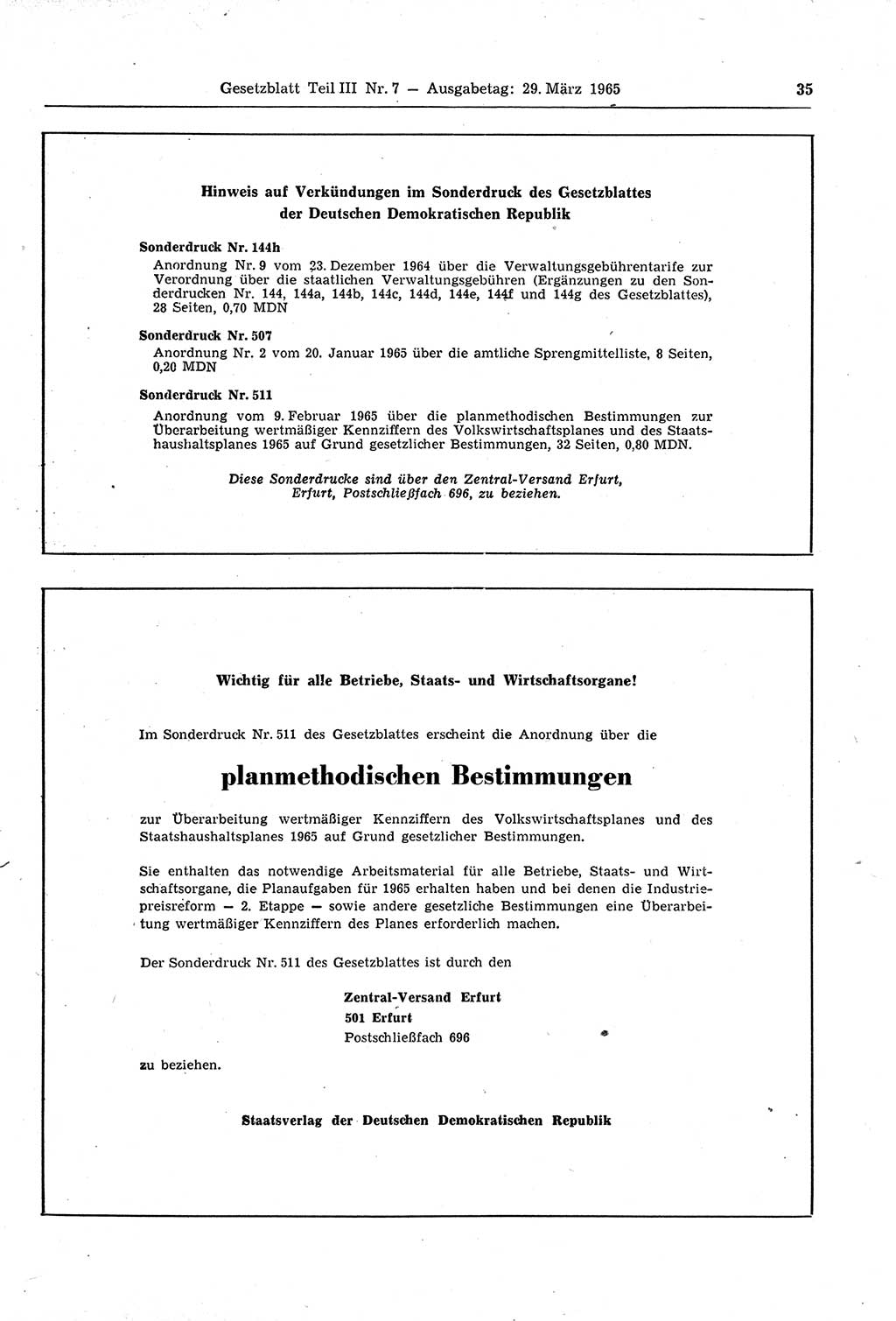 Gesetzblatt (GBl.) der Deutschen Demokratischen Republik (DDR) Teil ⅠⅠⅠ 1965, Seite 35 (GBl. DDR ⅠⅠⅠ 1965, S. 35)