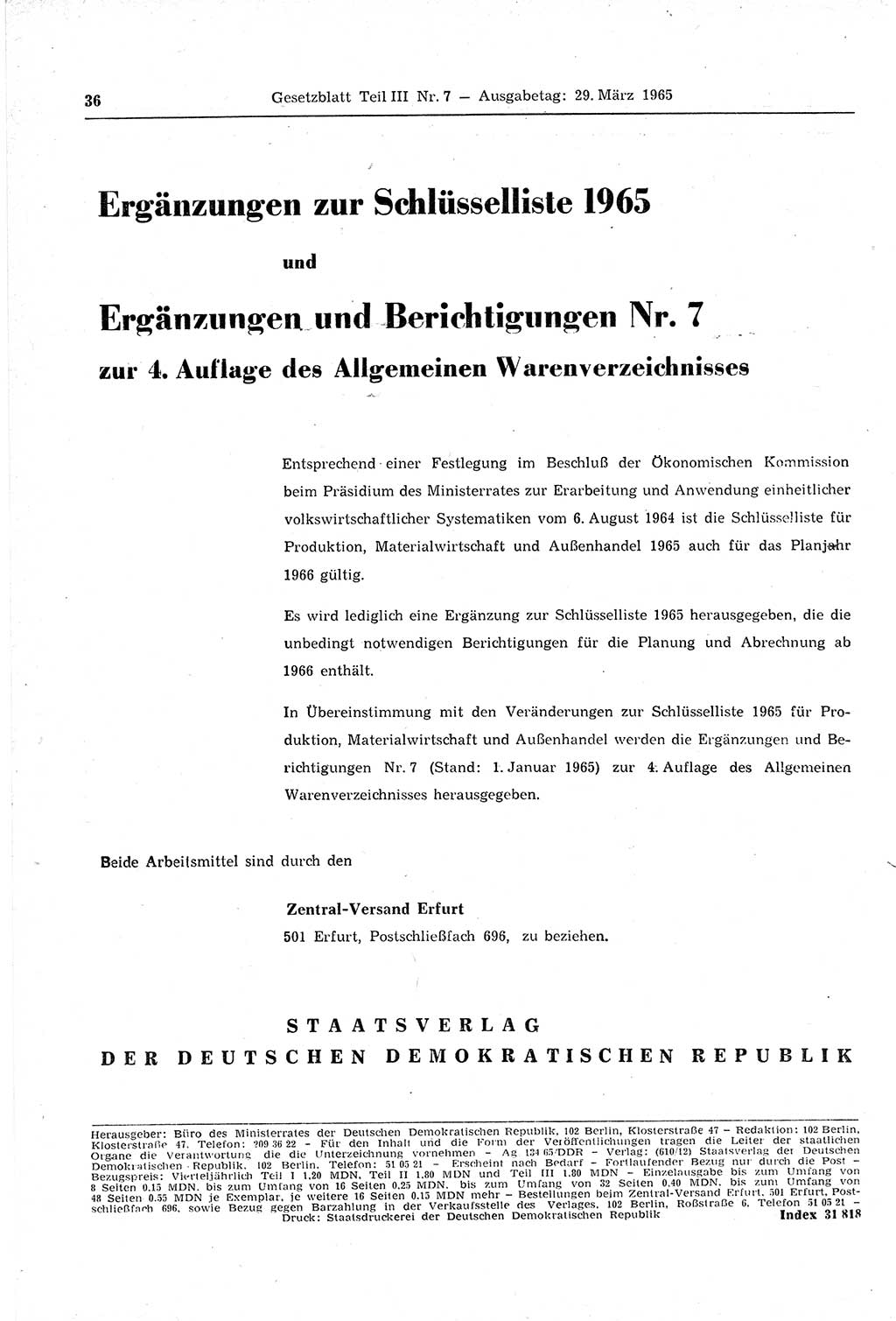 Gesetzblatt (GBl.) der Deutschen Demokratischen Republik (DDR) Teil ⅠⅠⅠ 1965, Seite 36 (GBl. DDR ⅠⅠⅠ 1965, S. 36)