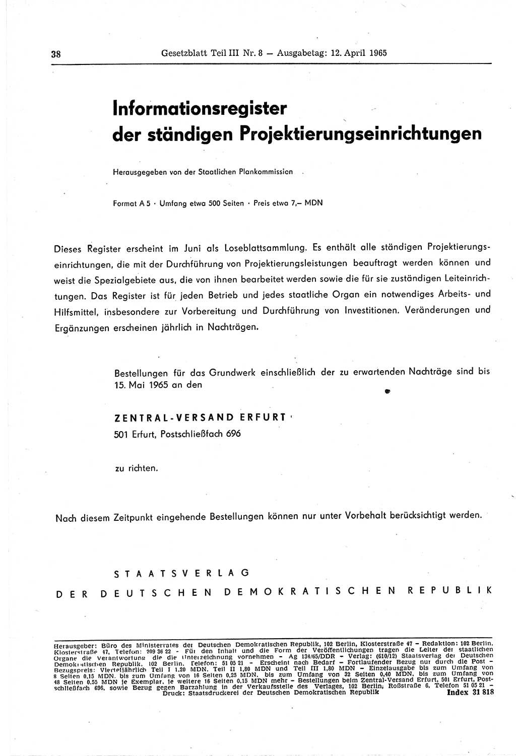 Gesetzblatt (GBl.) der Deutschen Demokratischen Republik (DDR) Teil ⅠⅠⅠ 1965, Seite 38 (GBl. DDR ⅠⅠⅠ 1965, S. 38)