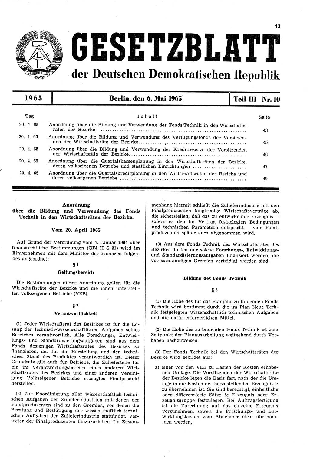 Gesetzblatt (GBl.) der Deutschen Demokratischen Republik (DDR) Teil ⅠⅠⅠ 1965, Seite 43 (GBl. DDR ⅠⅠⅠ 1965, S. 43)