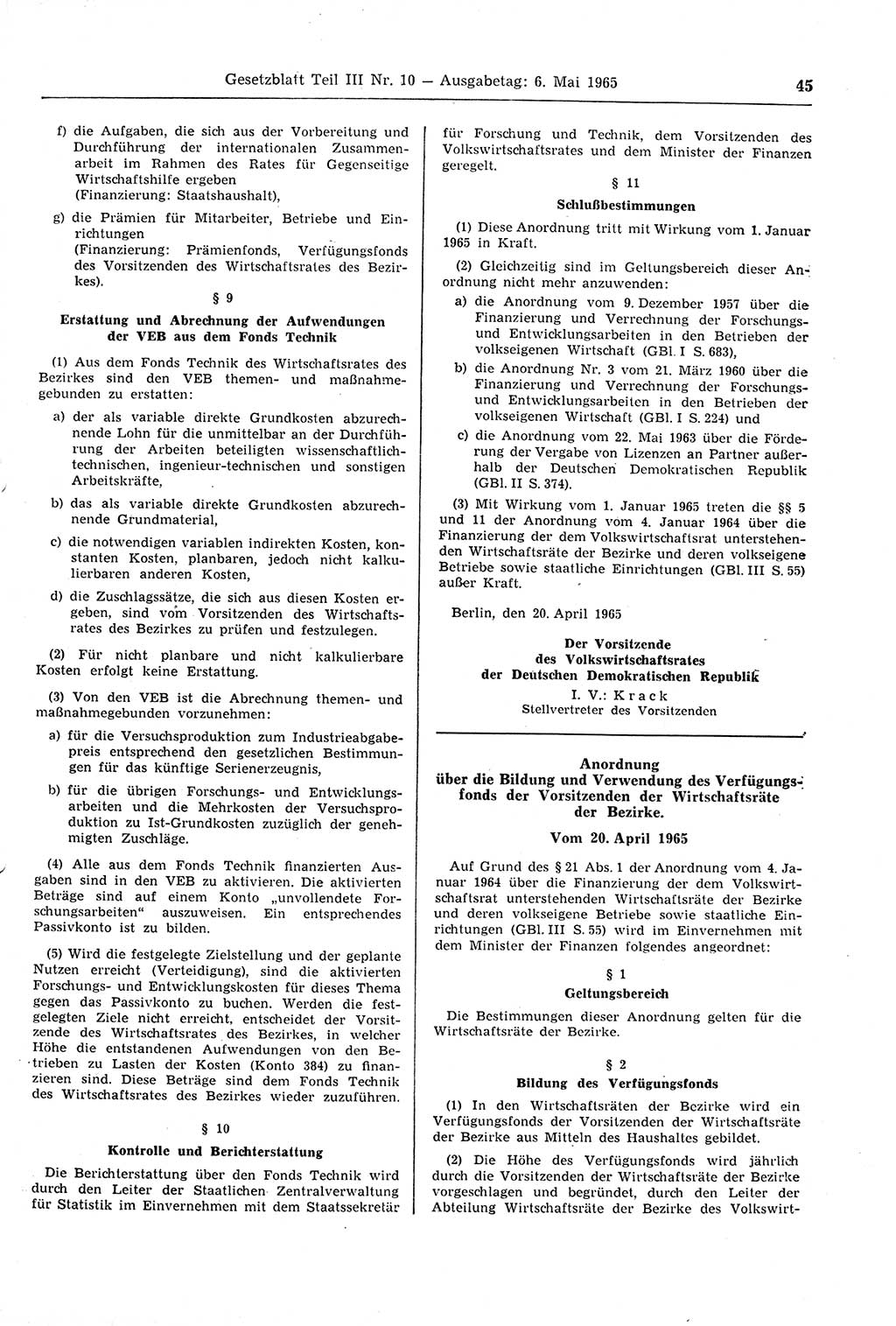 Gesetzblatt (GBl.) der Deutschen Demokratischen Republik (DDR) Teil ⅠⅠⅠ 1965, Seite 45 (GBl. DDR ⅠⅠⅠ 1965, S. 45)
