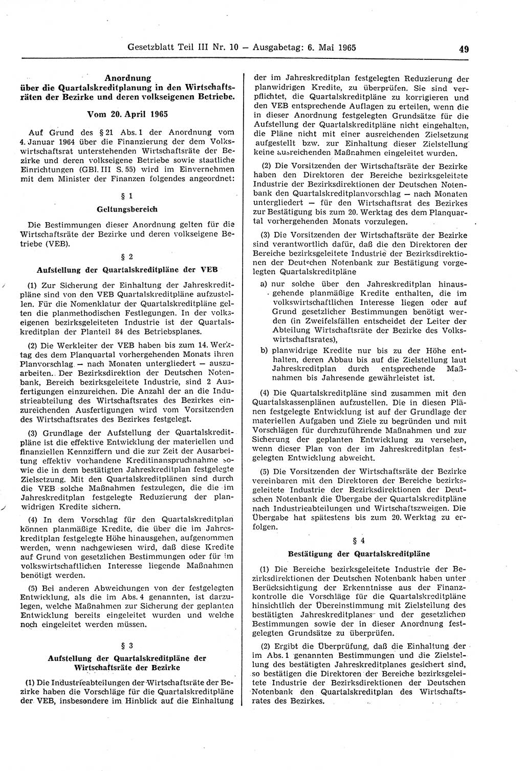 Gesetzblatt (GBl.) der Deutschen Demokratischen Republik (DDR) Teil ⅠⅠⅠ 1965, Seite 49 (GBl. DDR ⅠⅠⅠ 1965, S. 49)