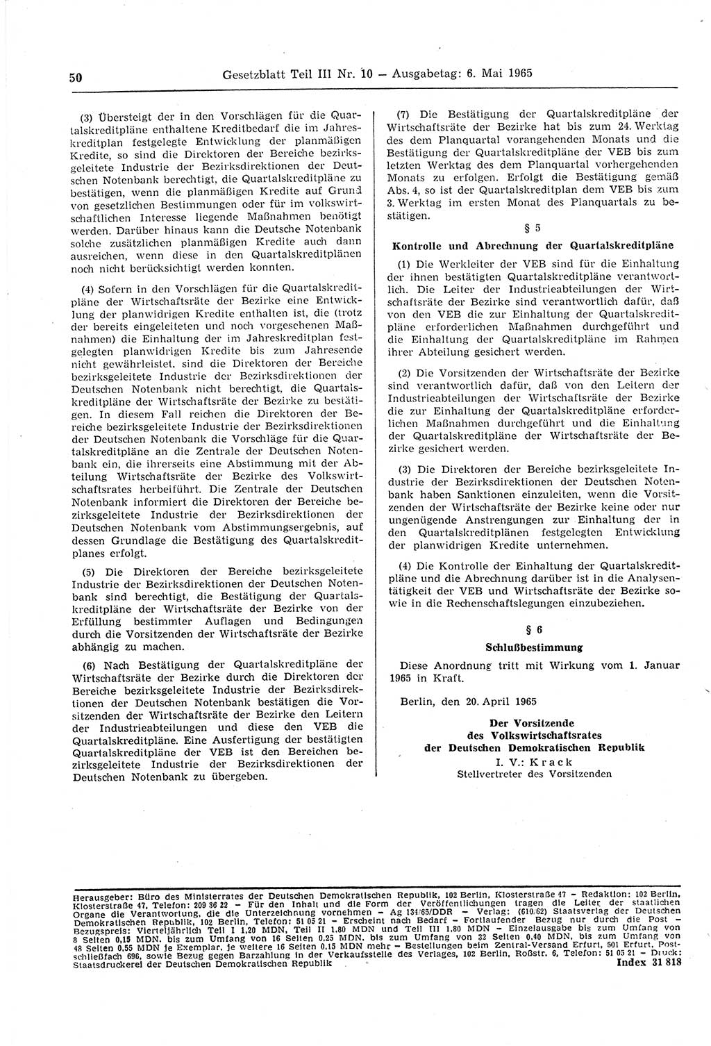 Gesetzblatt (GBl.) der Deutschen Demokratischen Republik (DDR) Teil ⅠⅠⅠ 1965, Seite 50 (GBl. DDR ⅠⅠⅠ 1965, S. 50)