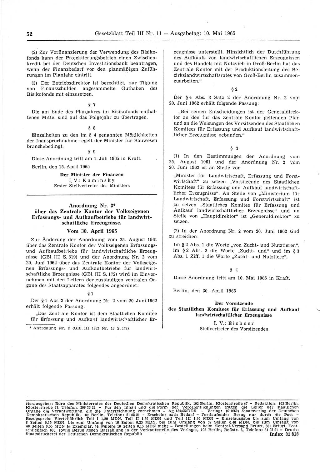 Gesetzblatt (GBl.) der Deutschen Demokratischen Republik (DDR) Teil ⅠⅠⅠ 1965, Seite 52 (GBl. DDR ⅠⅠⅠ 1965, S. 52)