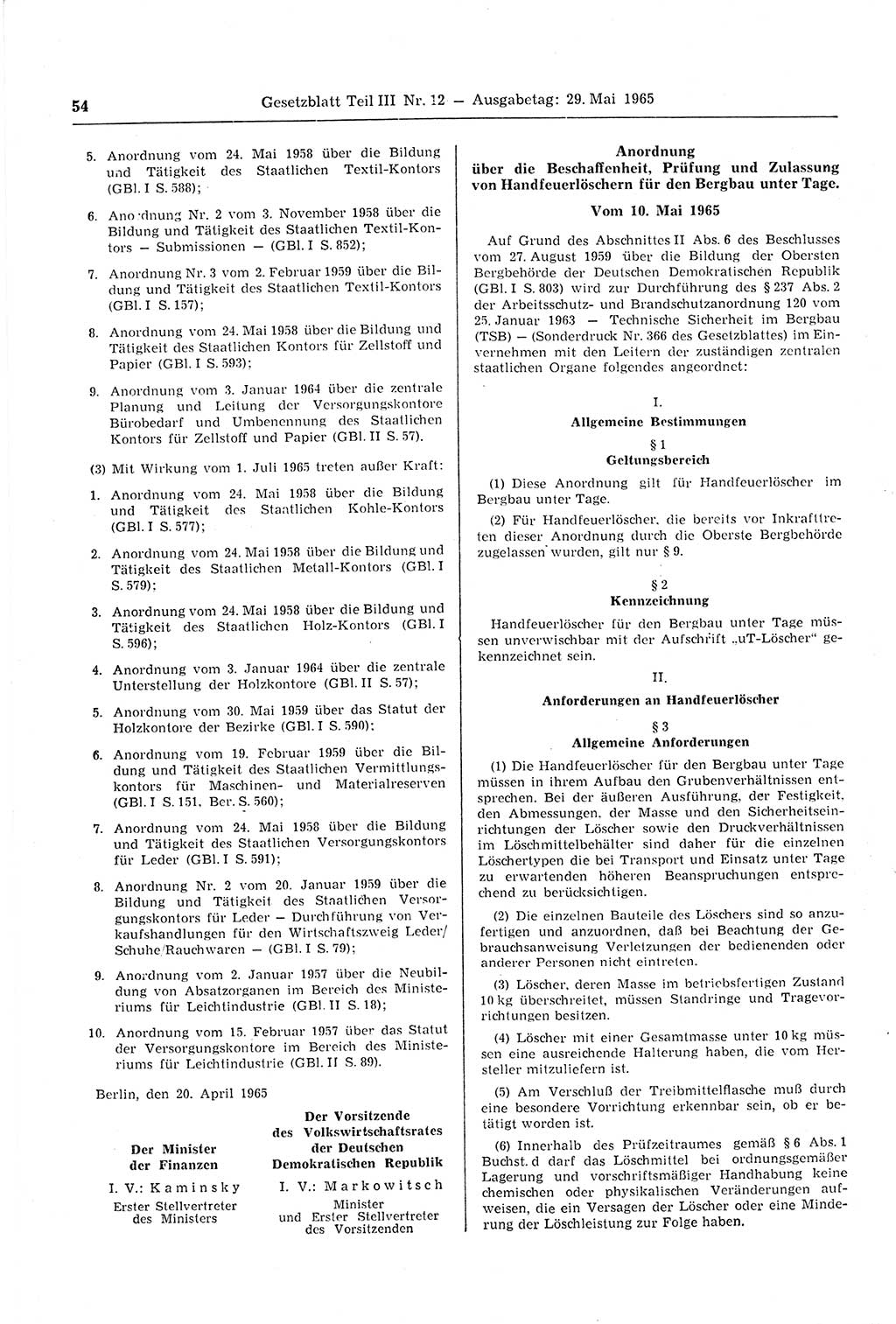Gesetzblatt (GBl.) der Deutschen Demokratischen Republik (DDR) Teil ⅠⅠⅠ 1965, Seite 54 (GBl. DDR ⅠⅠⅠ 1965, S. 54)