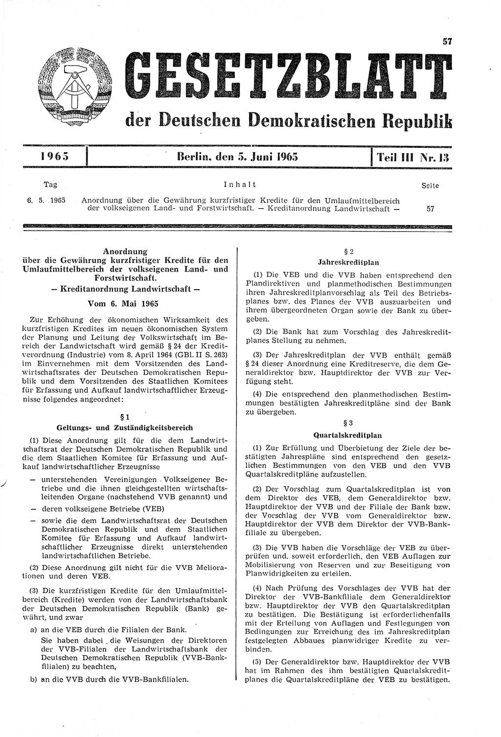 Gesetzblatt (GBl.) der Deutschen Demokratischen Republik (DDR) Teil ⅠⅠⅠ 1965, Seite 57 (GBl. DDR ⅠⅠⅠ 1965, S. 57)