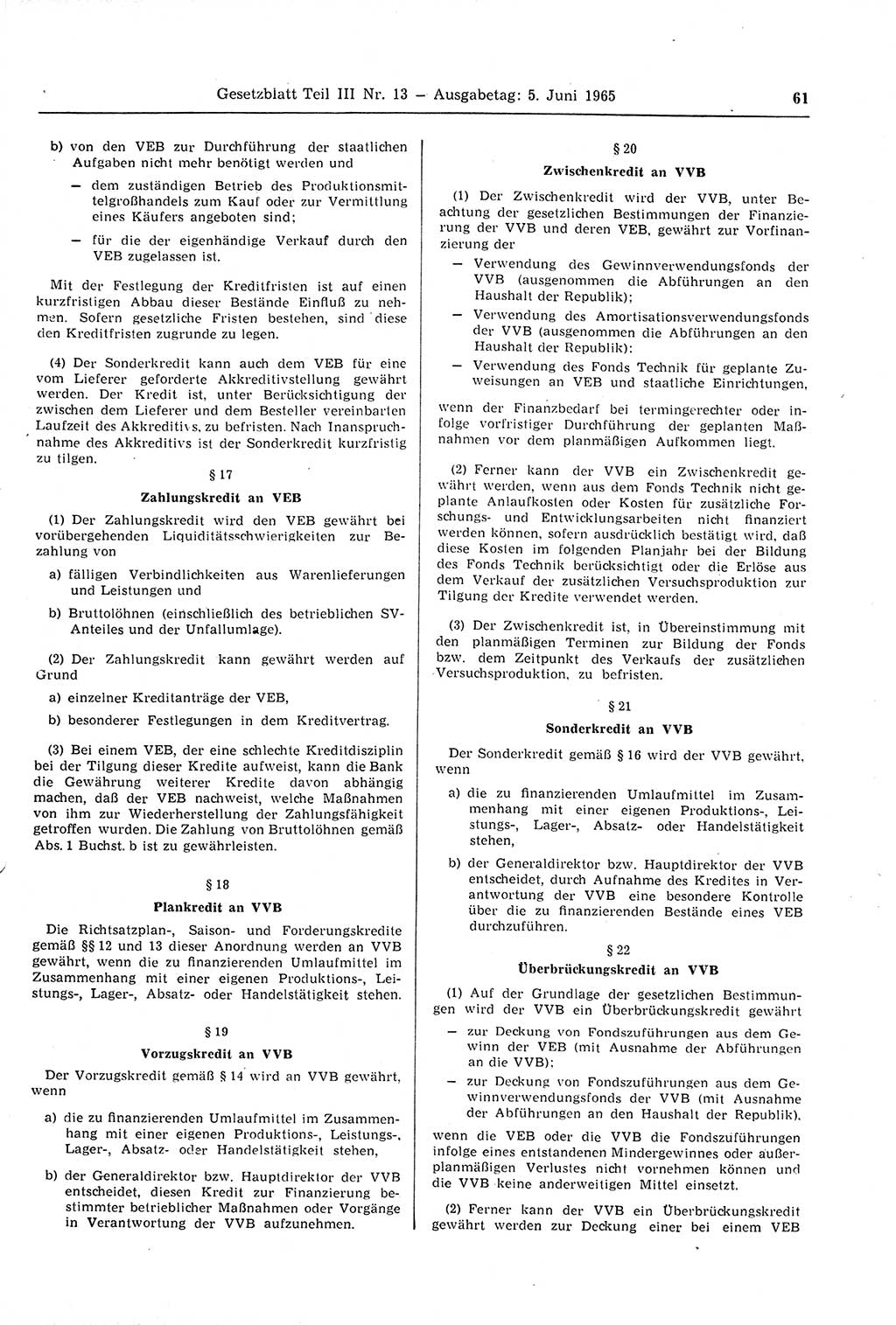 Gesetzblatt (GBl.) der Deutschen Demokratischen Republik (DDR) Teil ⅠⅠⅠ 1965, Seite 61 (GBl. DDR ⅠⅠⅠ 1965, S. 61)