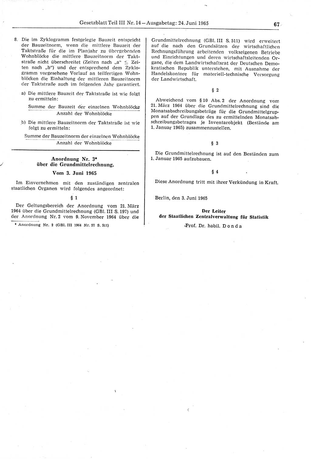 Gesetzblatt (GBl.) der Deutschen Demokratischen Republik (DDR) Teil ⅠⅠⅠ 1965, Seite 67 (GBl. DDR ⅠⅠⅠ 1965, S. 67)