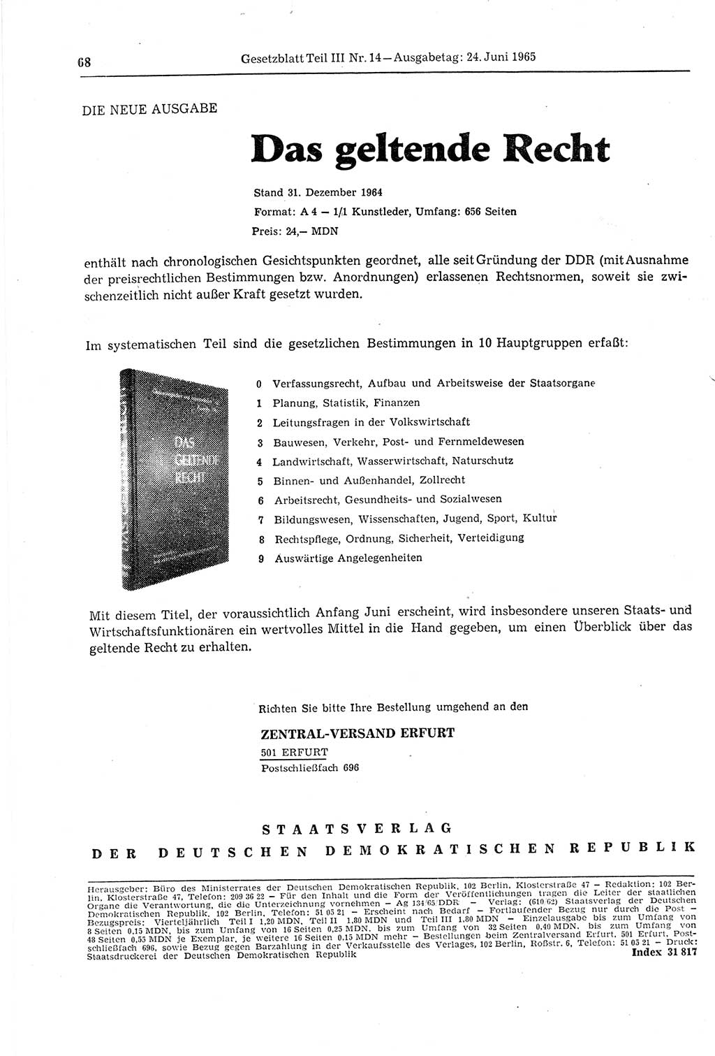Gesetzblatt (GBl.) der Deutschen Demokratischen Republik (DDR) Teil ⅠⅠⅠ 1965, Seite 68 (GBl. DDR ⅠⅠⅠ 1965, S. 68)