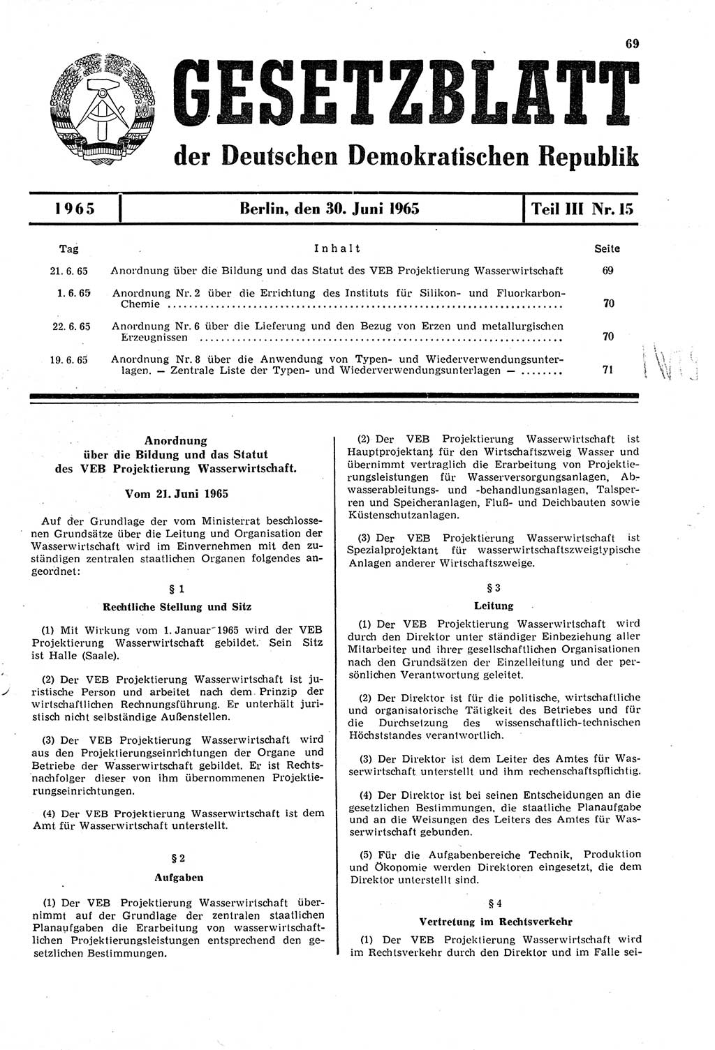 Gesetzblatt (GBl.) der Deutschen Demokratischen Republik (DDR) Teil ⅠⅠⅠ 1965, Seite 69 (GBl. DDR ⅠⅠⅠ 1965, S. 69)
