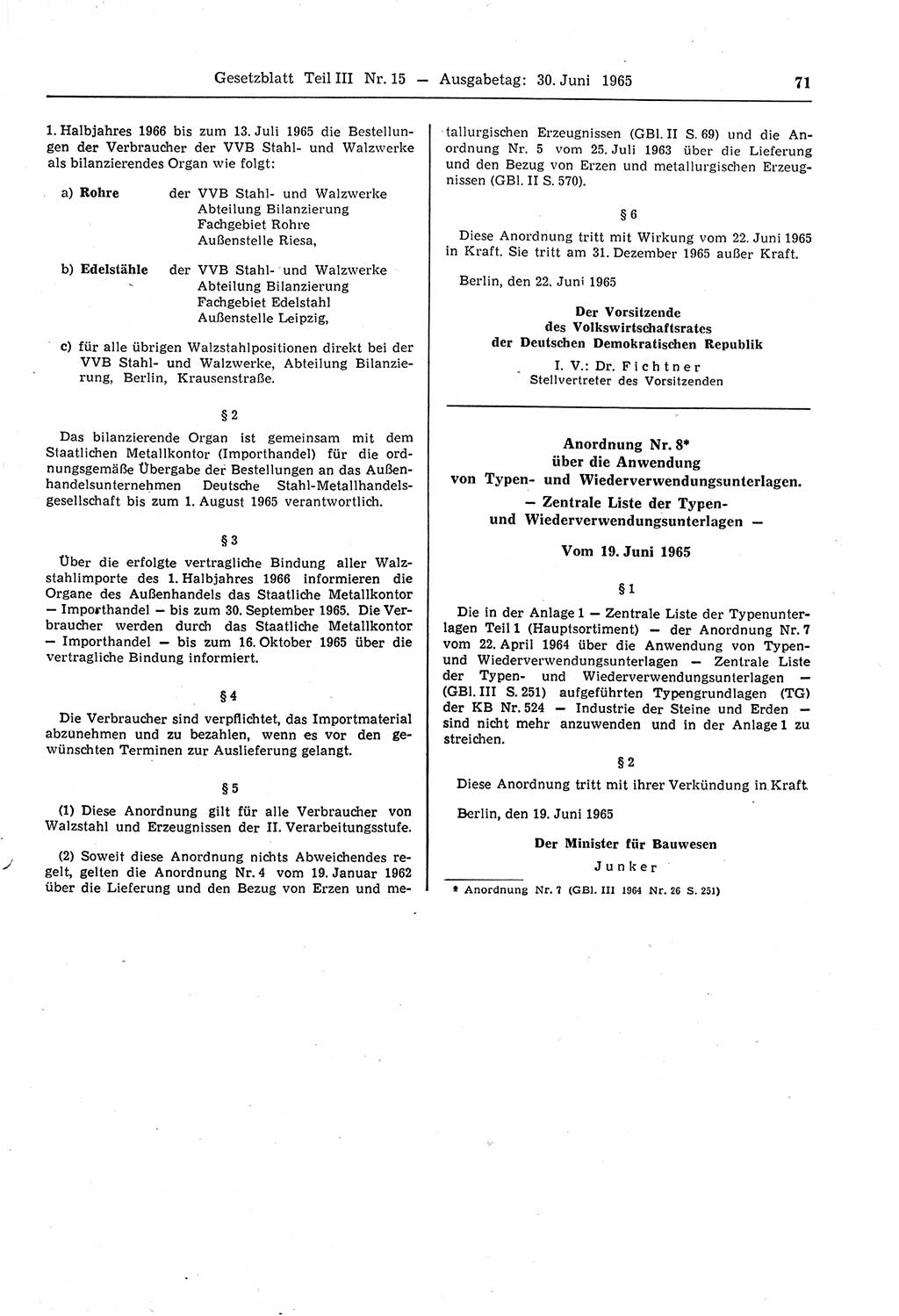 Gesetzblatt (GBl.) der Deutschen Demokratischen Republik (DDR) Teil ⅠⅠⅠ 1965, Seite 71 (GBl. DDR ⅠⅠⅠ 1965, S. 71)