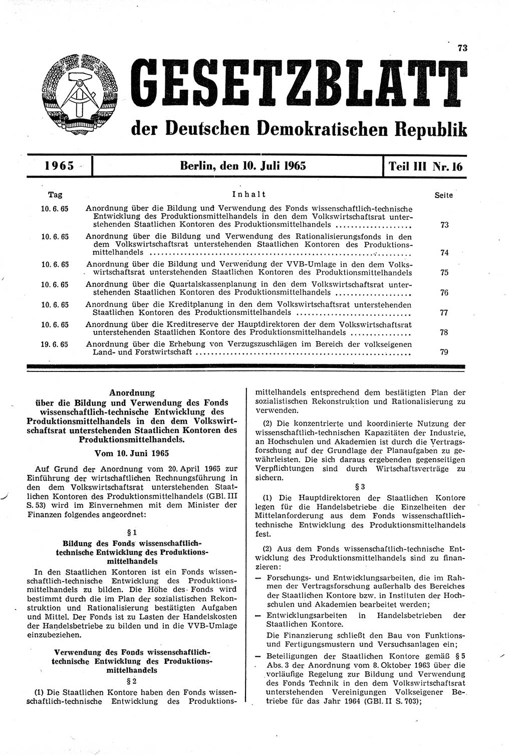 Gesetzblatt (GBl.) der Deutschen Demokratischen Republik (DDR) Teil ⅠⅠⅠ 1965, Seite 73 (GBl. DDR ⅠⅠⅠ 1965, S. 73)