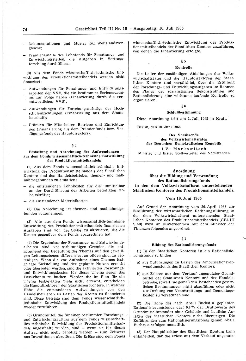 Gesetzblatt (GBl.) der Deutschen Demokratischen Republik (DDR) Teil ⅠⅠⅠ 1965, Seite 74 (GBl. DDR ⅠⅠⅠ 1965, S. 74)