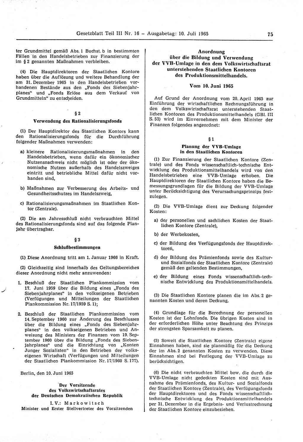 Gesetzblatt (GBl.) der Deutschen Demokratischen Republik (DDR) Teil ⅠⅠⅠ 1965, Seite 75 (GBl. DDR ⅠⅠⅠ 1965, S. 75)