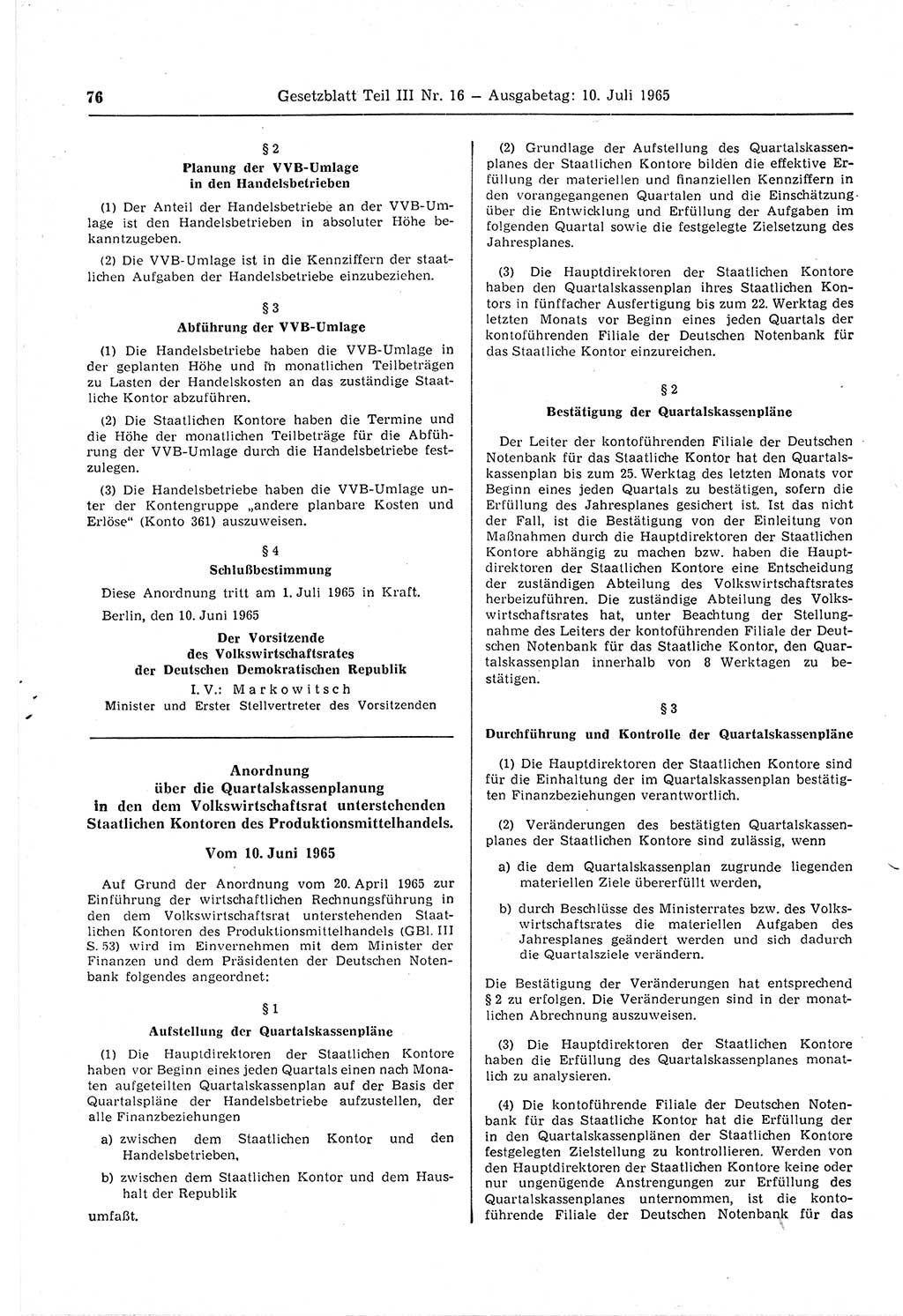 Gesetzblatt (GBl.) der Deutschen Demokratischen Republik (DDR) Teil ⅠⅠⅠ 1965, Seite 76 (GBl. DDR ⅠⅠⅠ 1965, S. 76)