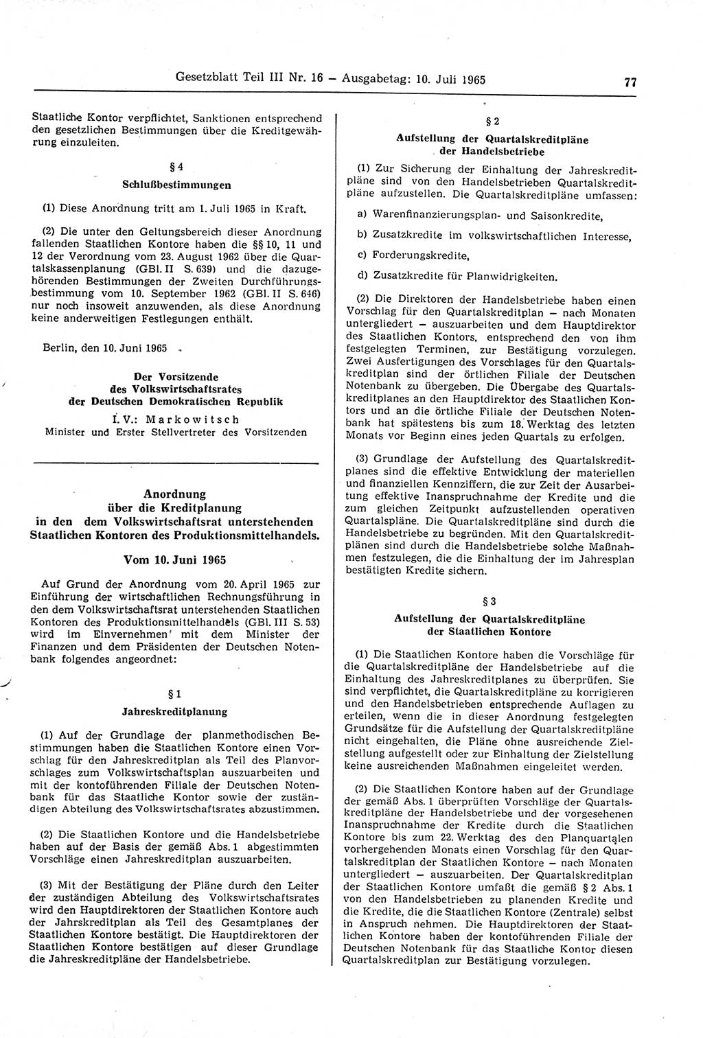 Gesetzblatt (GBl.) der Deutschen Demokratischen Republik (DDR) Teil ⅠⅠⅠ 1965, Seite 77 (GBl. DDR ⅠⅠⅠ 1965, S. 77)