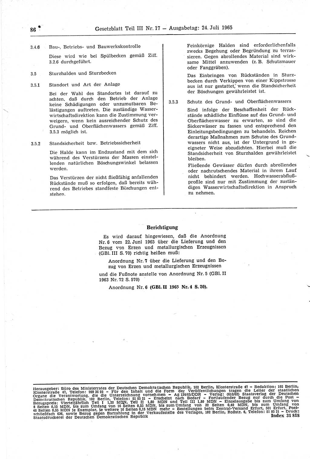 Gesetzblatt (GBl.) der Deutschen Demokratischen Republik (DDR) Teil ⅠⅠⅠ 1965, Seite 86 (GBl. DDR ⅠⅠⅠ 1965, S. 86)