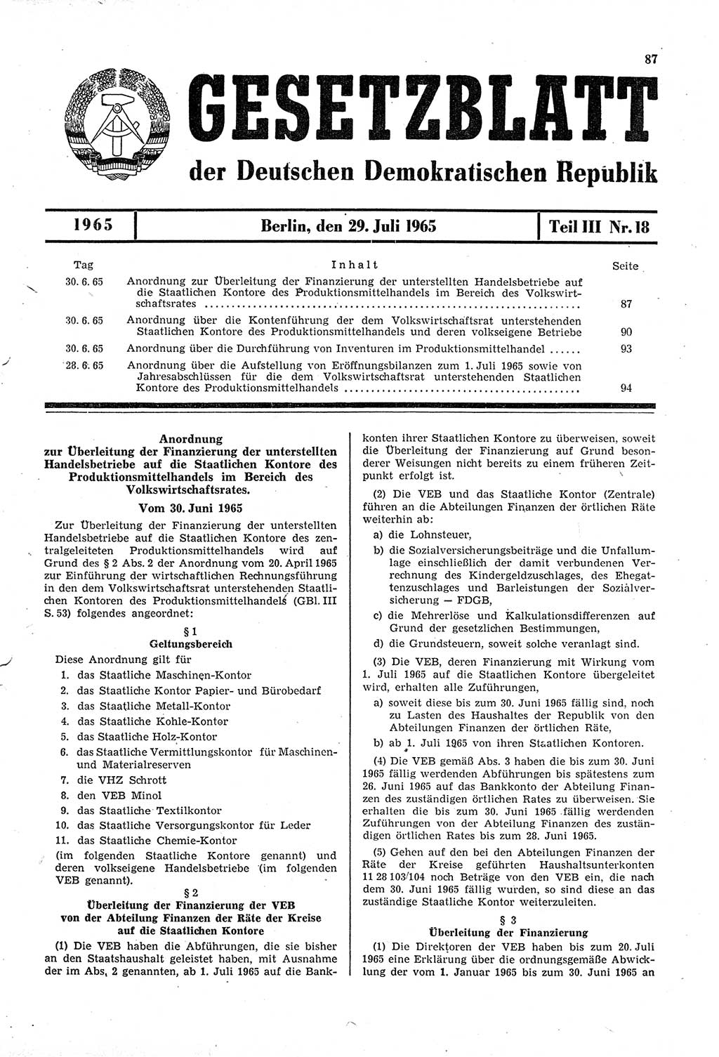 Gesetzblatt (GBl.) der Deutschen Demokratischen Republik (DDR) Teil ⅠⅠⅠ 1965, Seite 87 (GBl. DDR ⅠⅠⅠ 1965, S. 87)